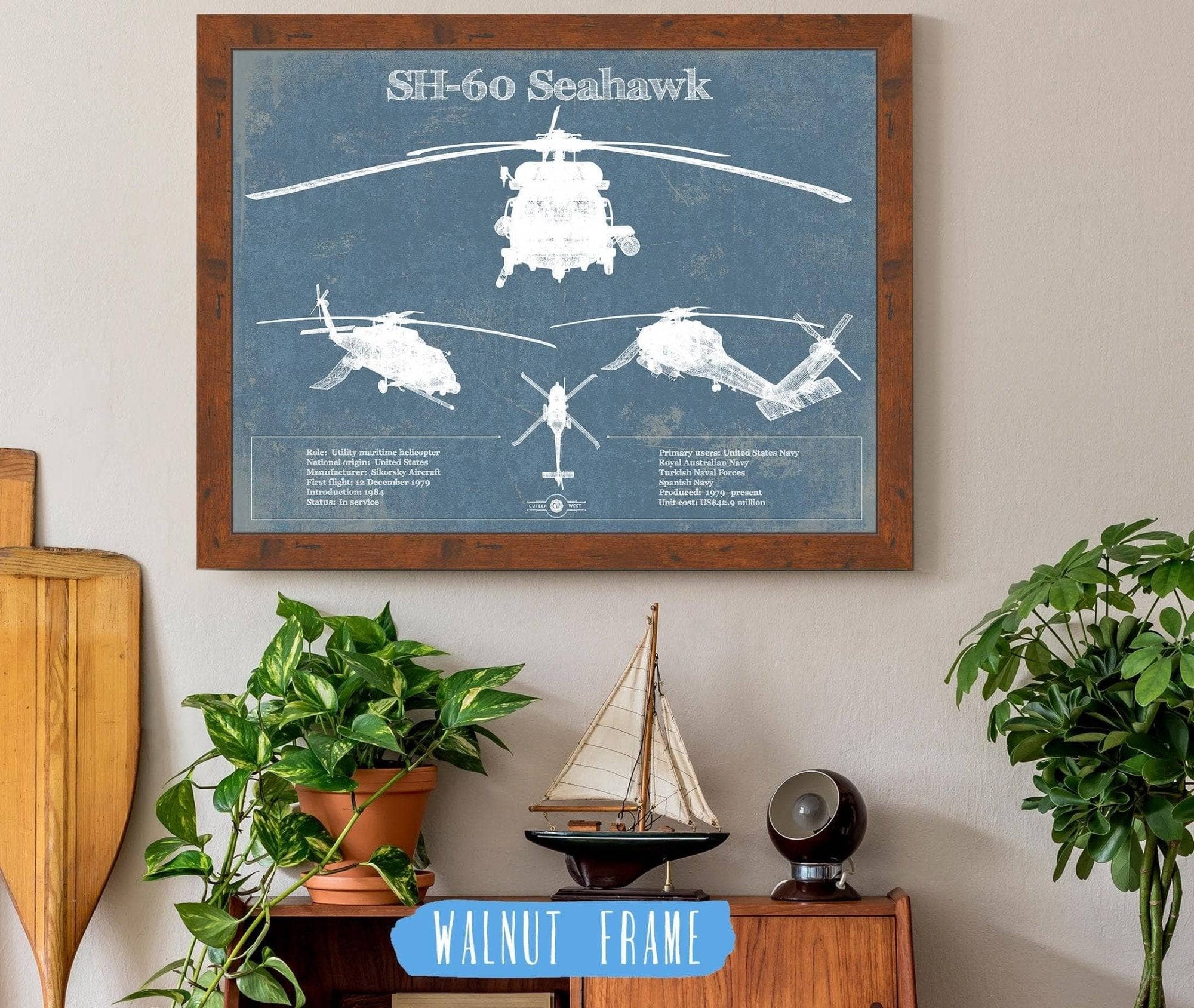 Cutler West Military Aircraft 14" x 11" / Walnut Frame SH-60/MH-60 Seahawk Helicopter Vintage Aviation Blueprint Military Print 833447904_25063