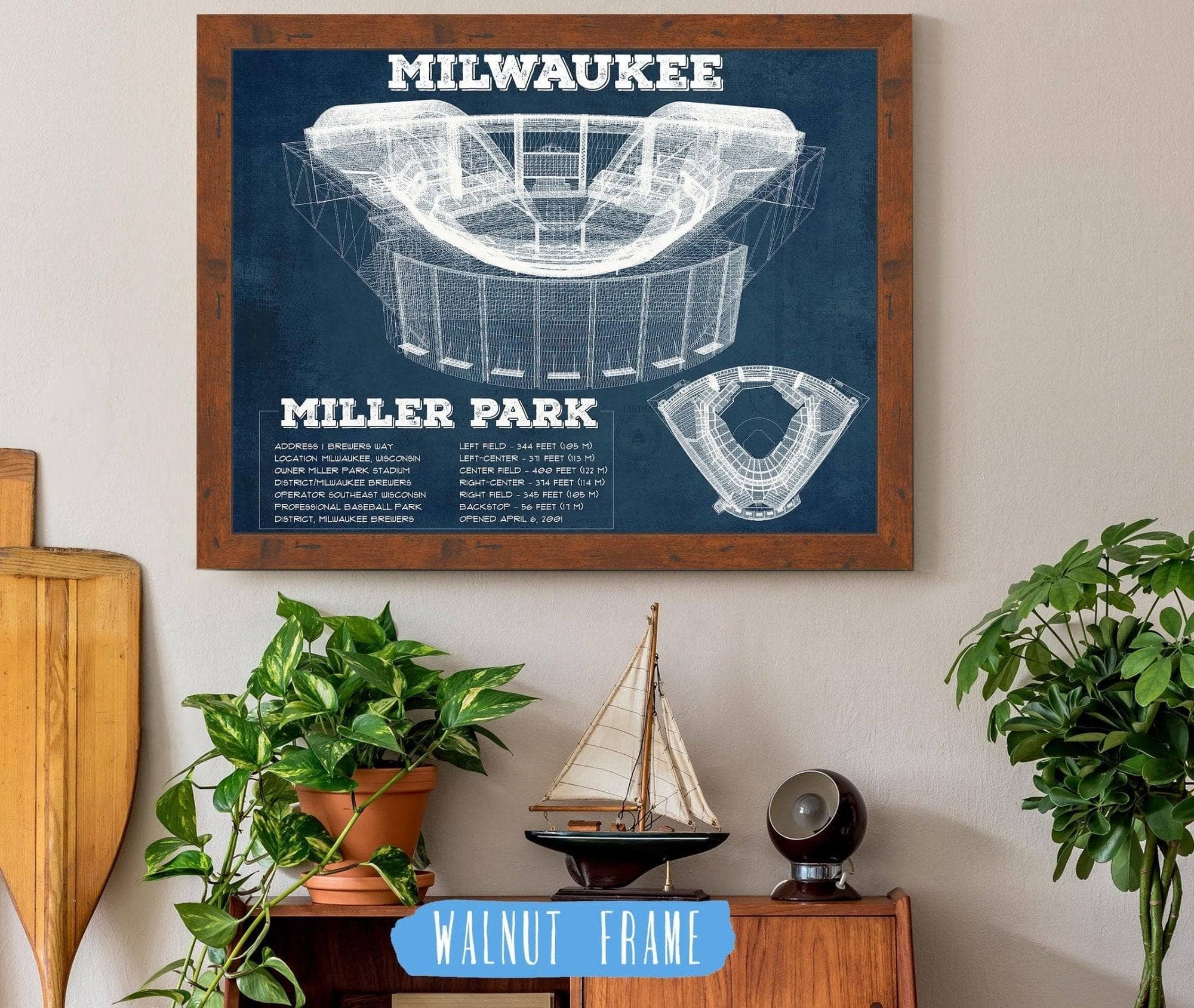 Cutler West Baseball Collection 14" x 11" / Walnut Frame Milwaukee Brewers Miller Park Seating Chart - Vintage Baseball Fan Print 746303541_73730
