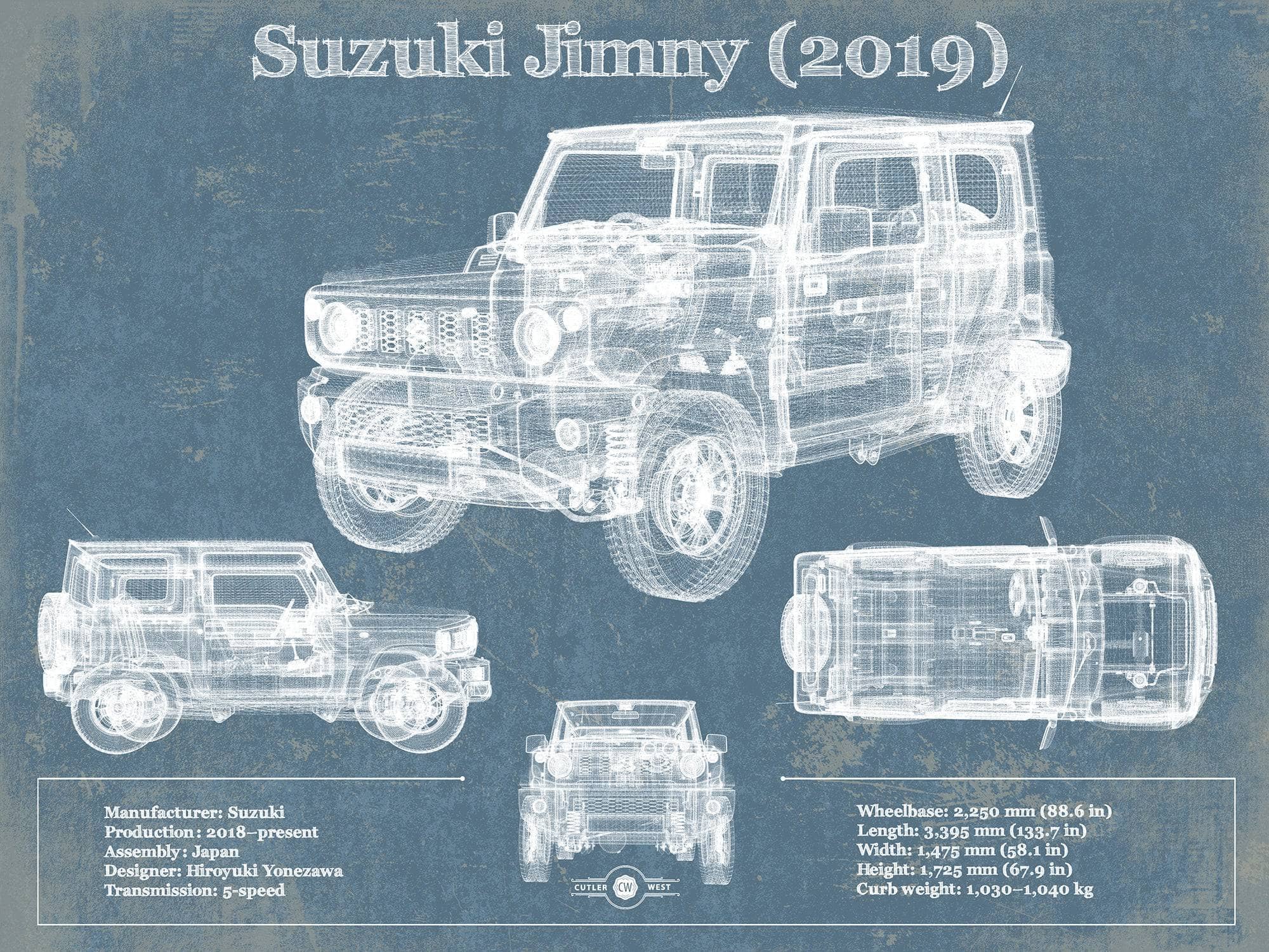 Cutler West Vehicle Collection 14" x 11" / Unframed Suzuki Jimney 2019 Vintage Blueprint Auto Print 845000184_29004