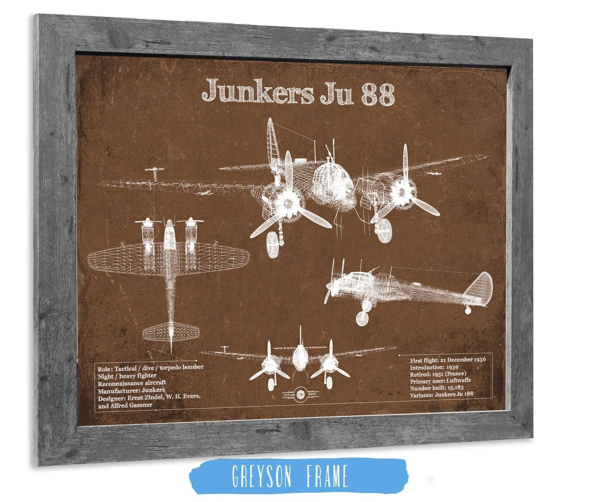 Cutler West Military Aircraft 14" x 11" / Greyson Frame Junkers Ju 88 WWII Combat Aircraft Vintage Blueprint Original Military Wall Art 933350048_16299