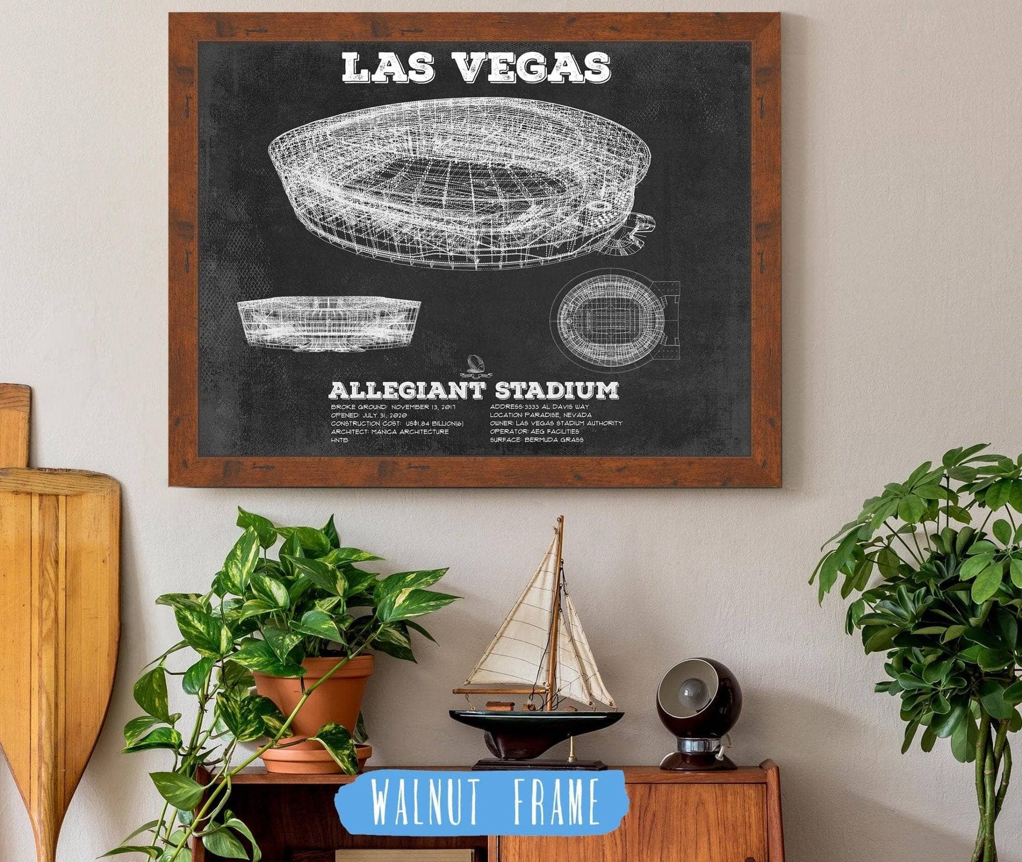 Cutler West Pro Football Collection 14" x 11" / Walnut Frame Las Vegas Raiders Allegiant Stadium Vintage Football Print 845000118-TOP