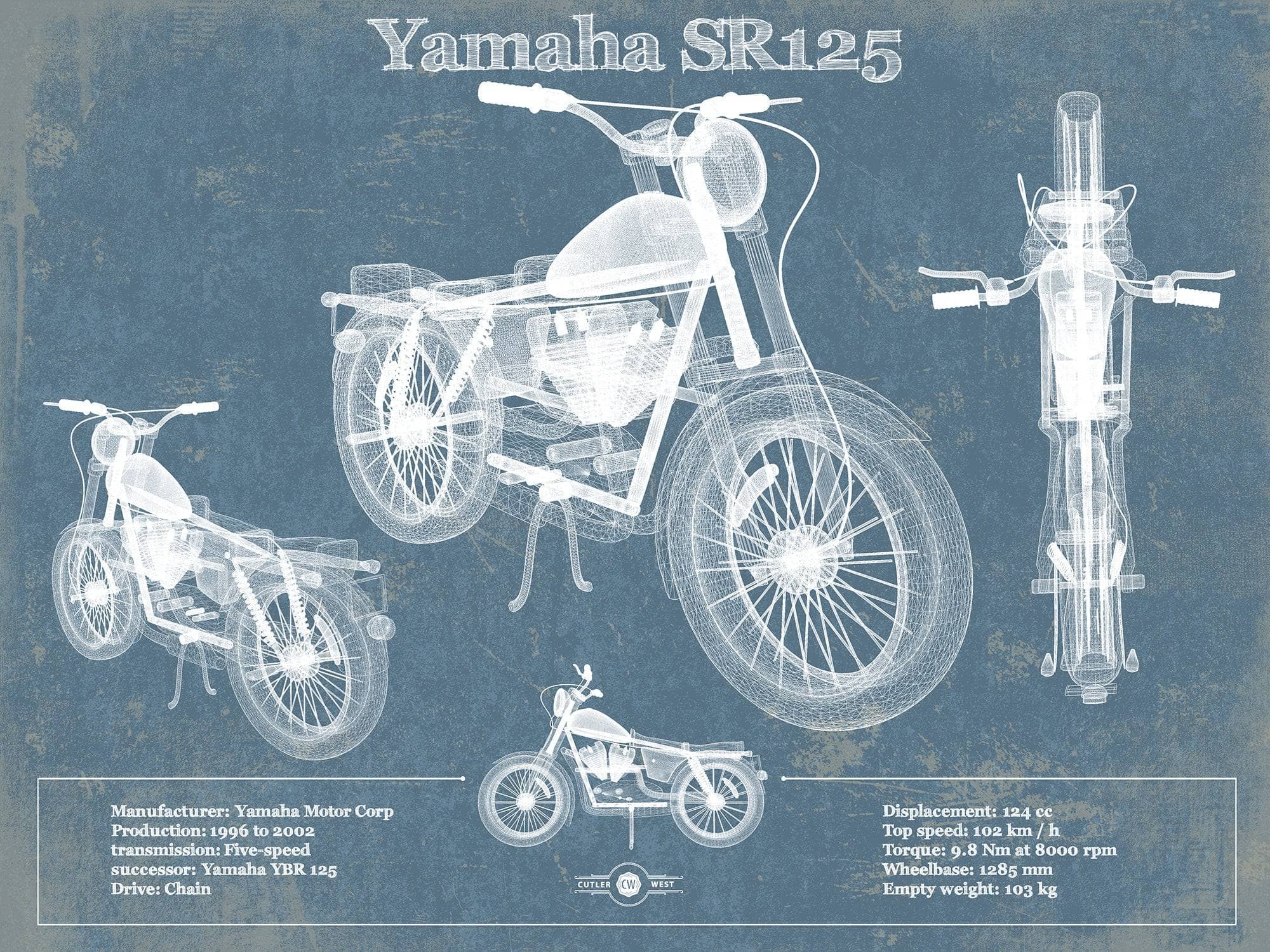 Cutler West 14" x 11" / Unframed Yamaha SR125 Blueprint Motorcycle Patent Print 833110054-14"-x-11"5077