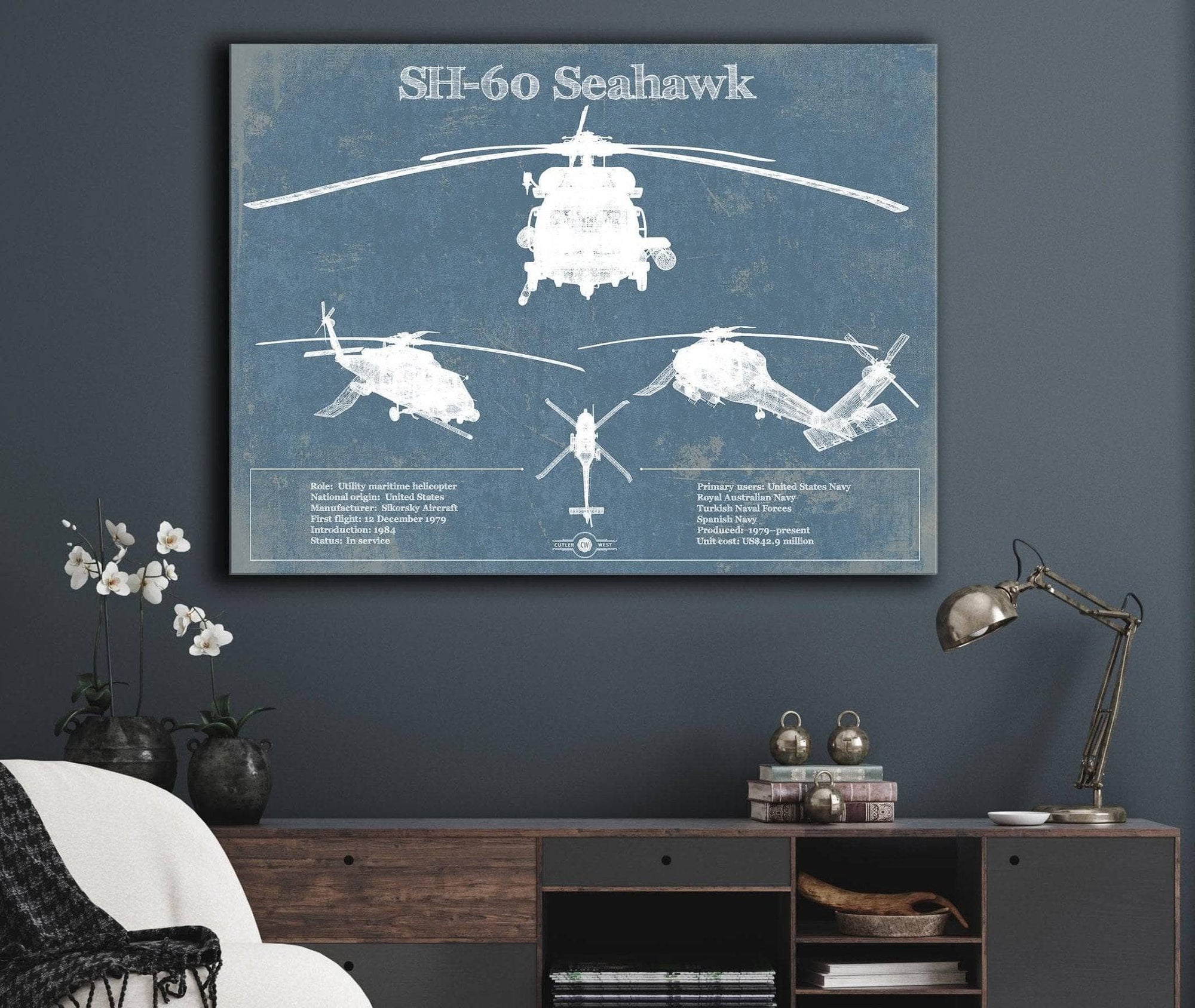 Cutler West Military Aircraft SH-60/MH-60 Seahawk Helicopter Vintage Aviation Blueprint Military Print