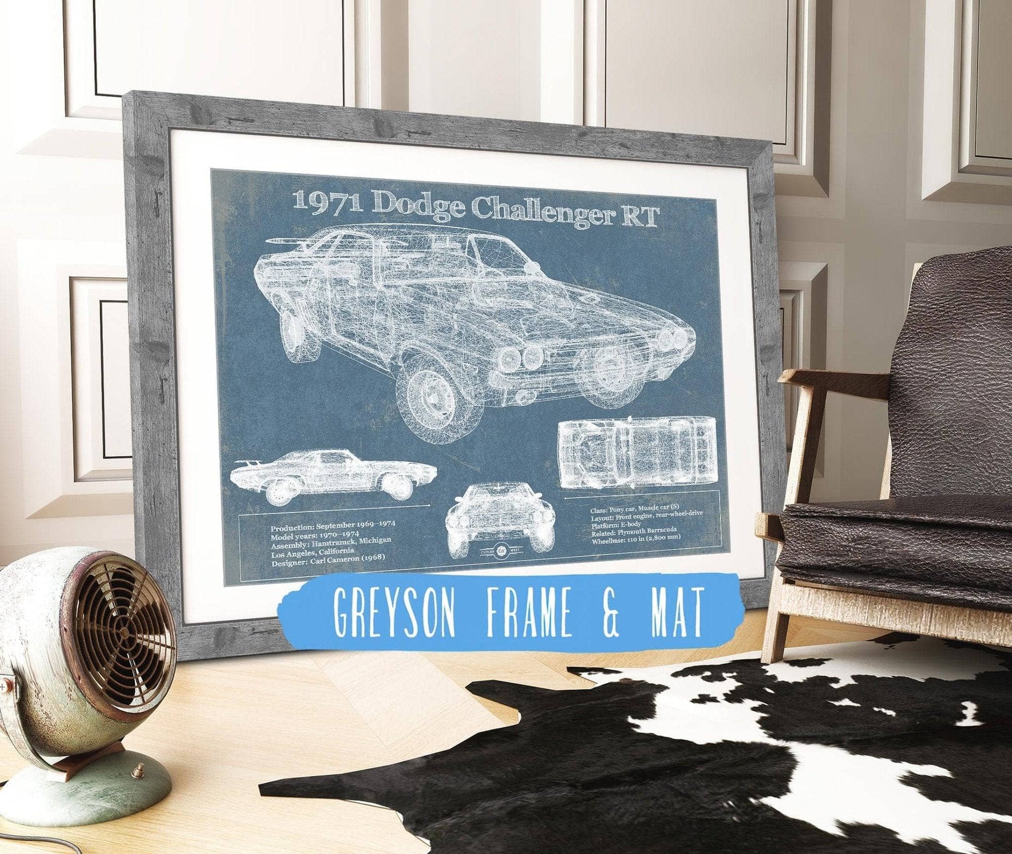 Cutler West Dodge Collection 14" x 11" / Greyson Frame & Mat 1971 Dodge Challenger Rt Car Blueprint Patent Original Art 933311096_19590