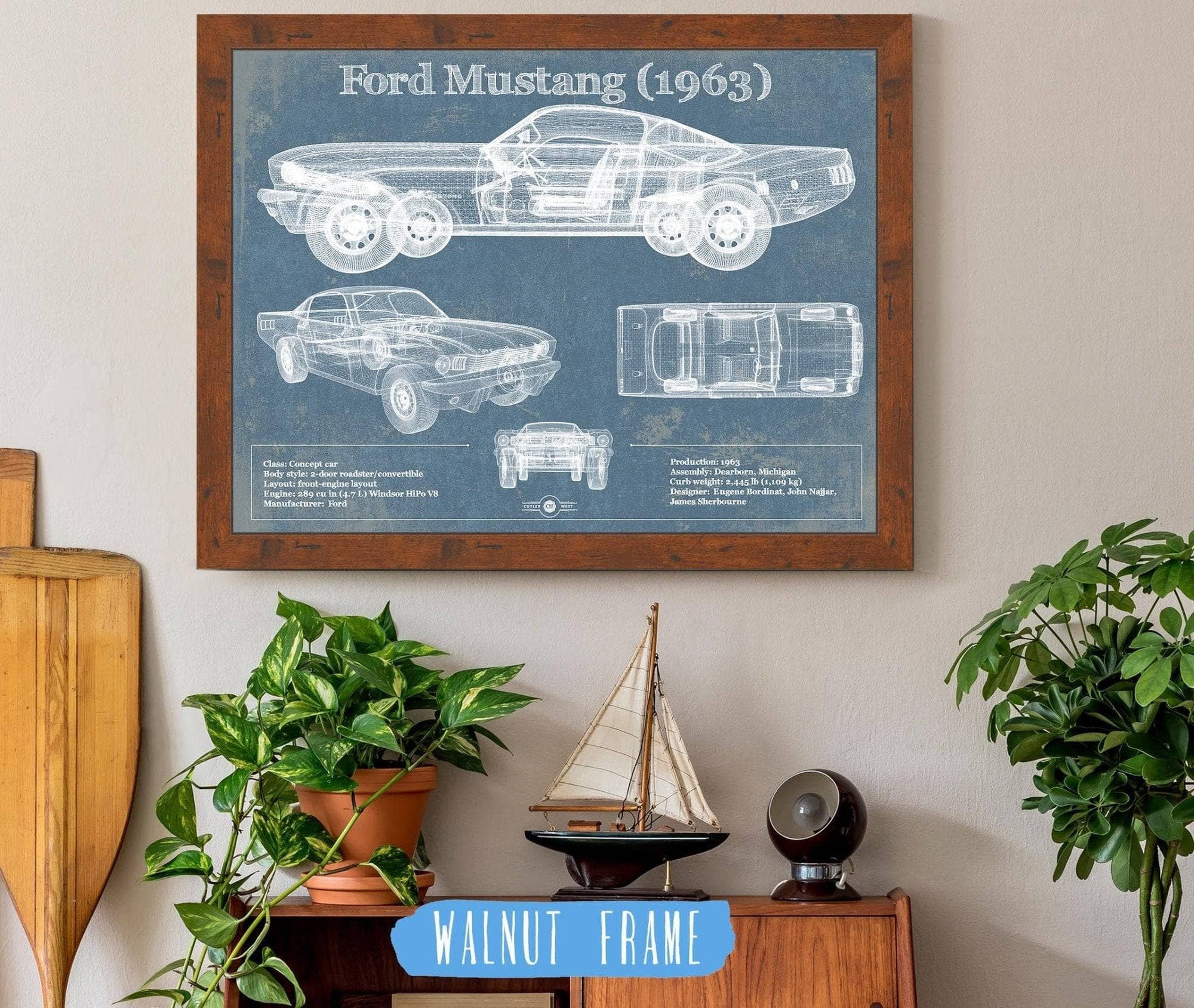 Cutler West Ford Collection 14" x 11" / Walnut Frame Ford Mustang 1963 Original Blueprint Art 870268486-TOP