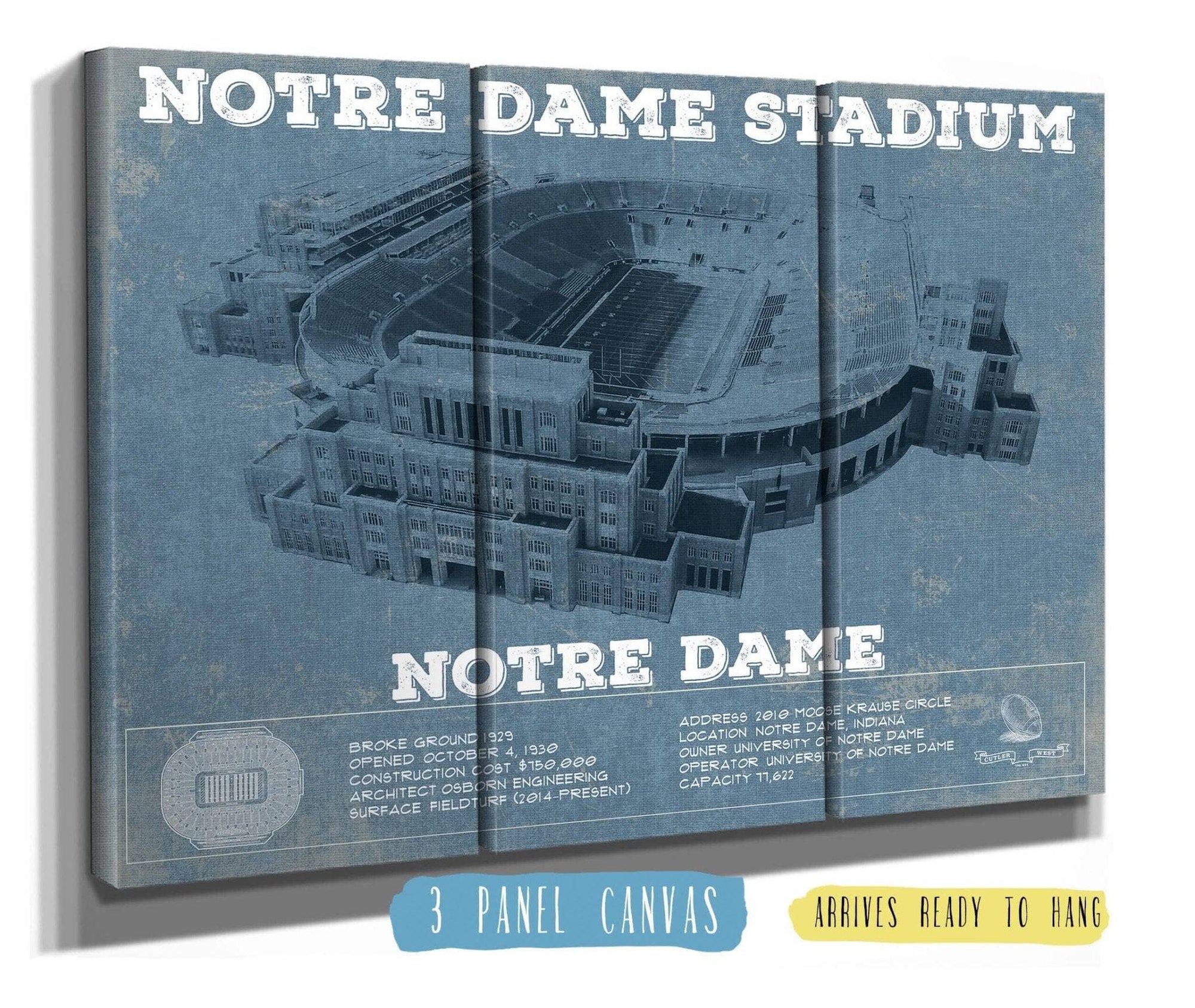 Cutler West College Football Collection 48" x 32" / 3 Panel Canvas Wrap Notre Dame Stadium Vintage Art Print 933350155_70807