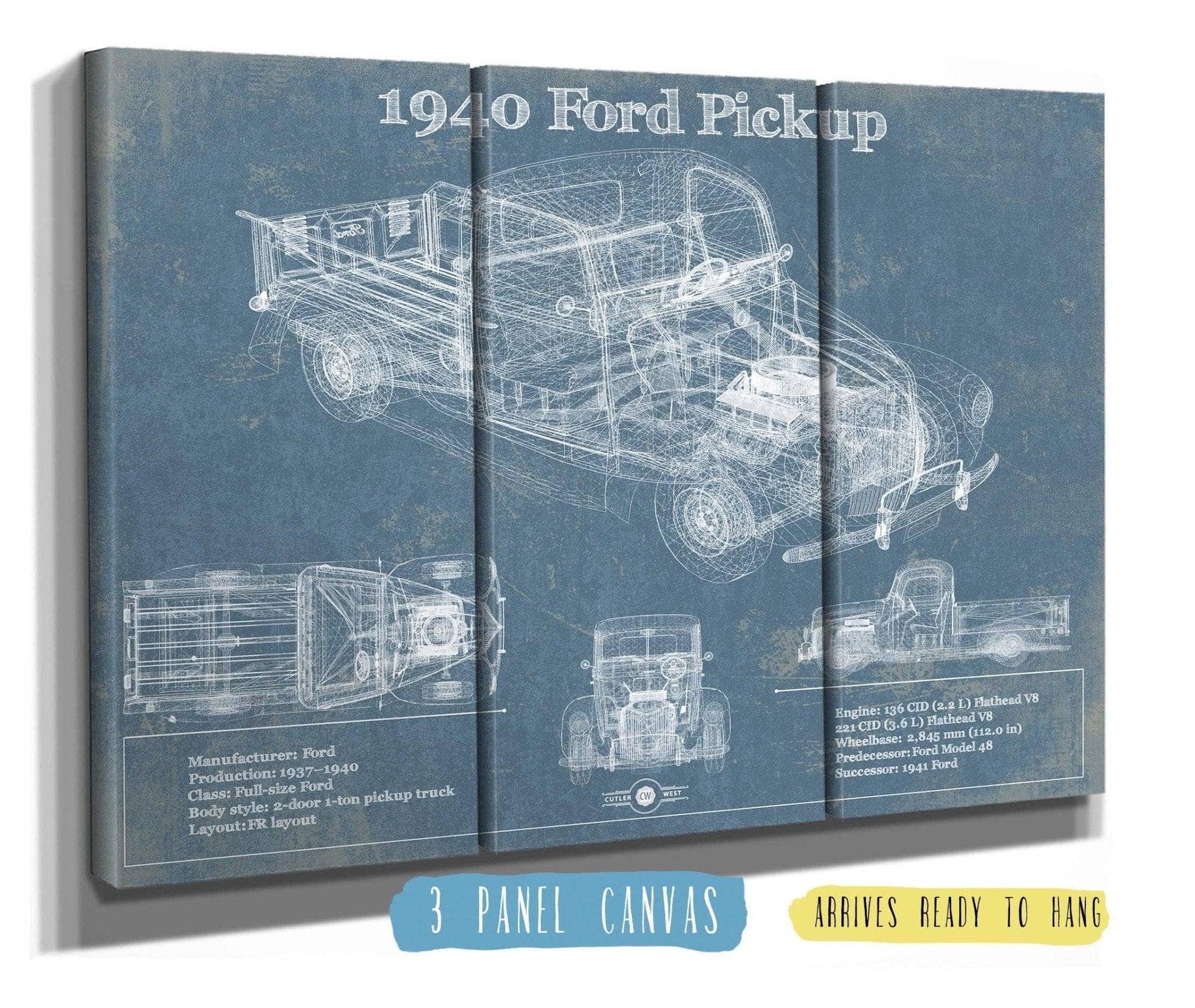 Cutler West Ford Collection 48" x 32" / 3 Panel Canvas Wrap 1940 Ford Pickup Vintage Blueprint Auto Print 933311093_15682