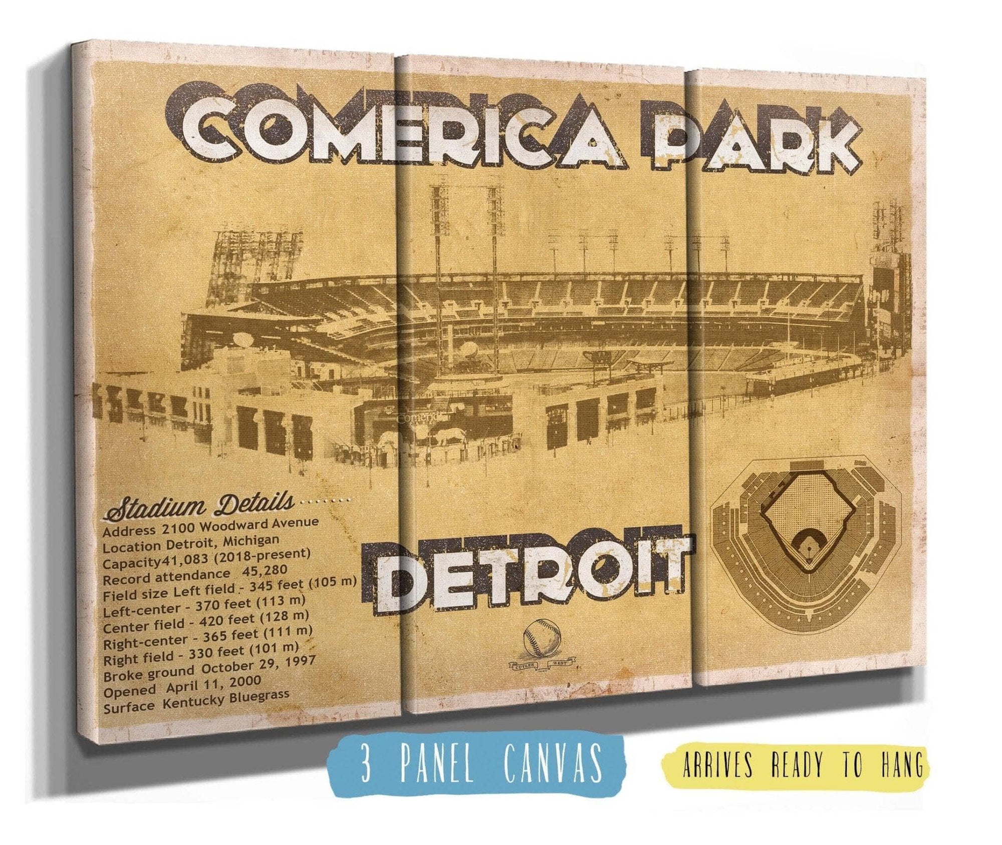 Cutler West Baseball Collection 48" x 32" / 3 Panel Canvas Wrap Vintage Detroit Tigers Comerica Park Baseball Print 705008312-48"-x-32"54463