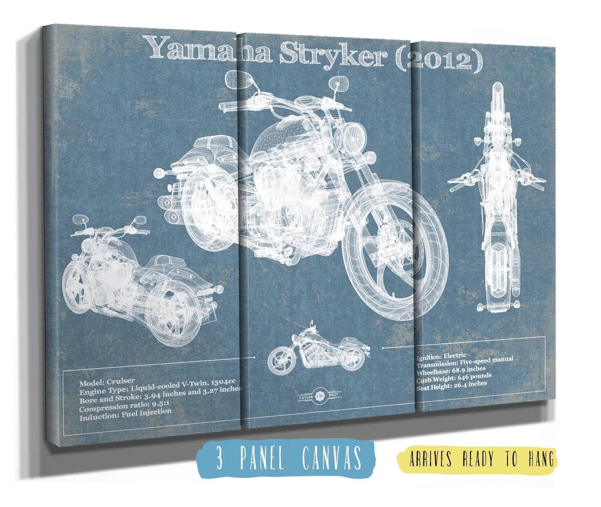 Cutler West 48" x 32" / 3 Panel Canvas Wrap Yamaha Stryker (2012) Vintage Blueprint Motorcycle Patent Print 833110033-48"-x-32"6249