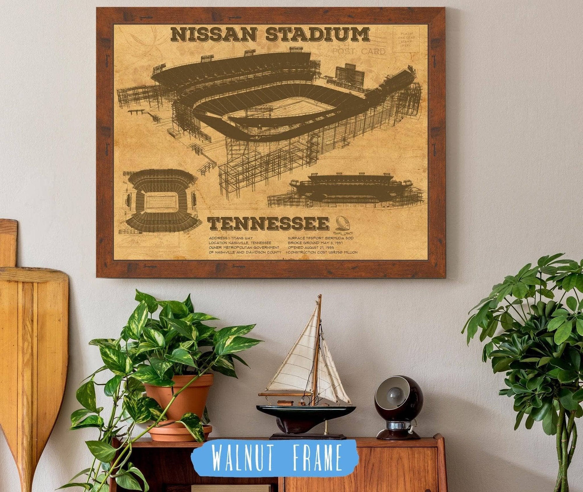 Cutler West Pro Football Collection 14" x 11" / Walnut Frame Tennessee Titans Nissan Stadium - Vintage Football Print 723978276_71090