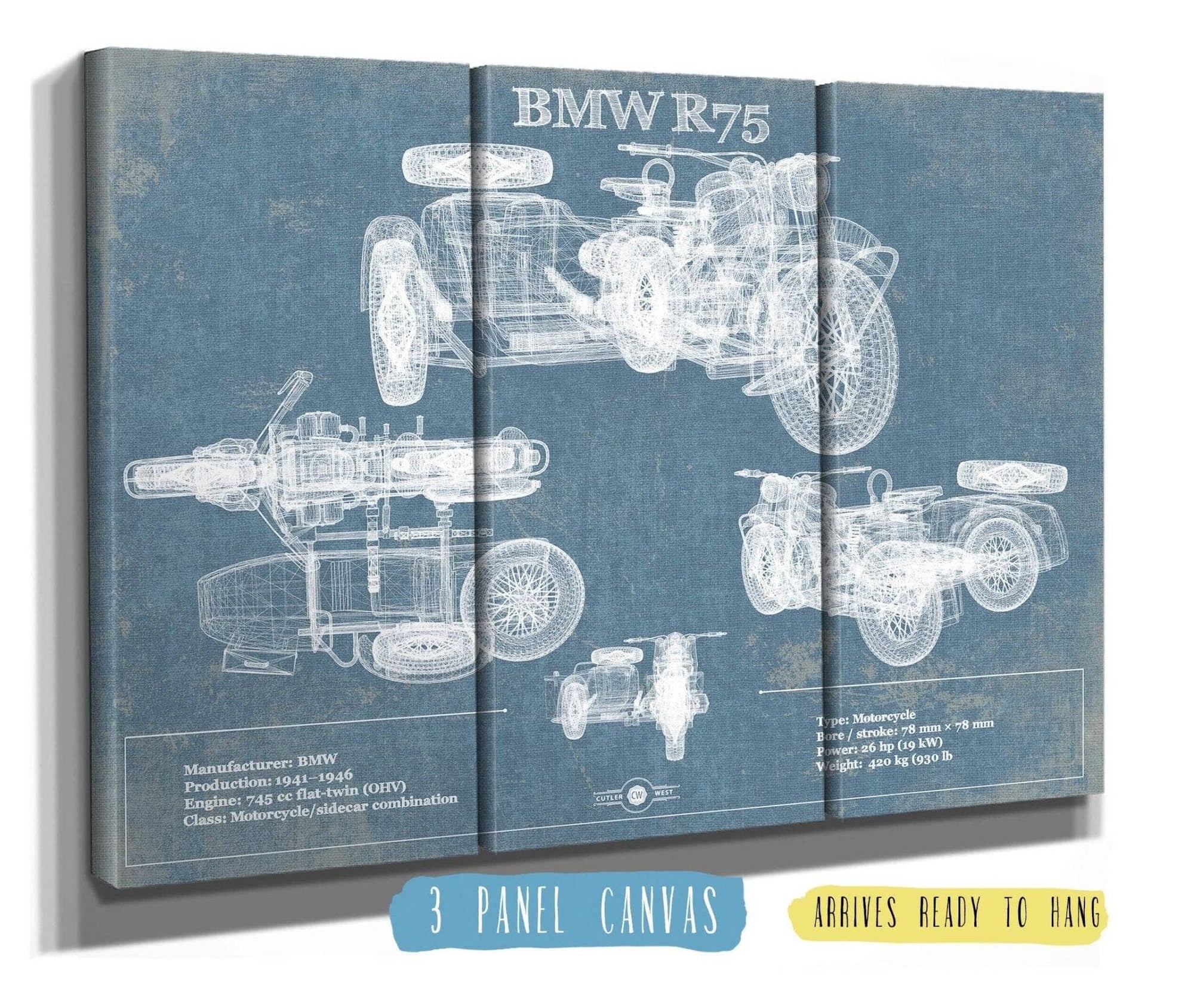 Cutler West Vehicle Collection 48" x 32" / 3 Panel Canvas Wrap BMW R75 Blueprint Motorcycle Patent Print 833110058_47533