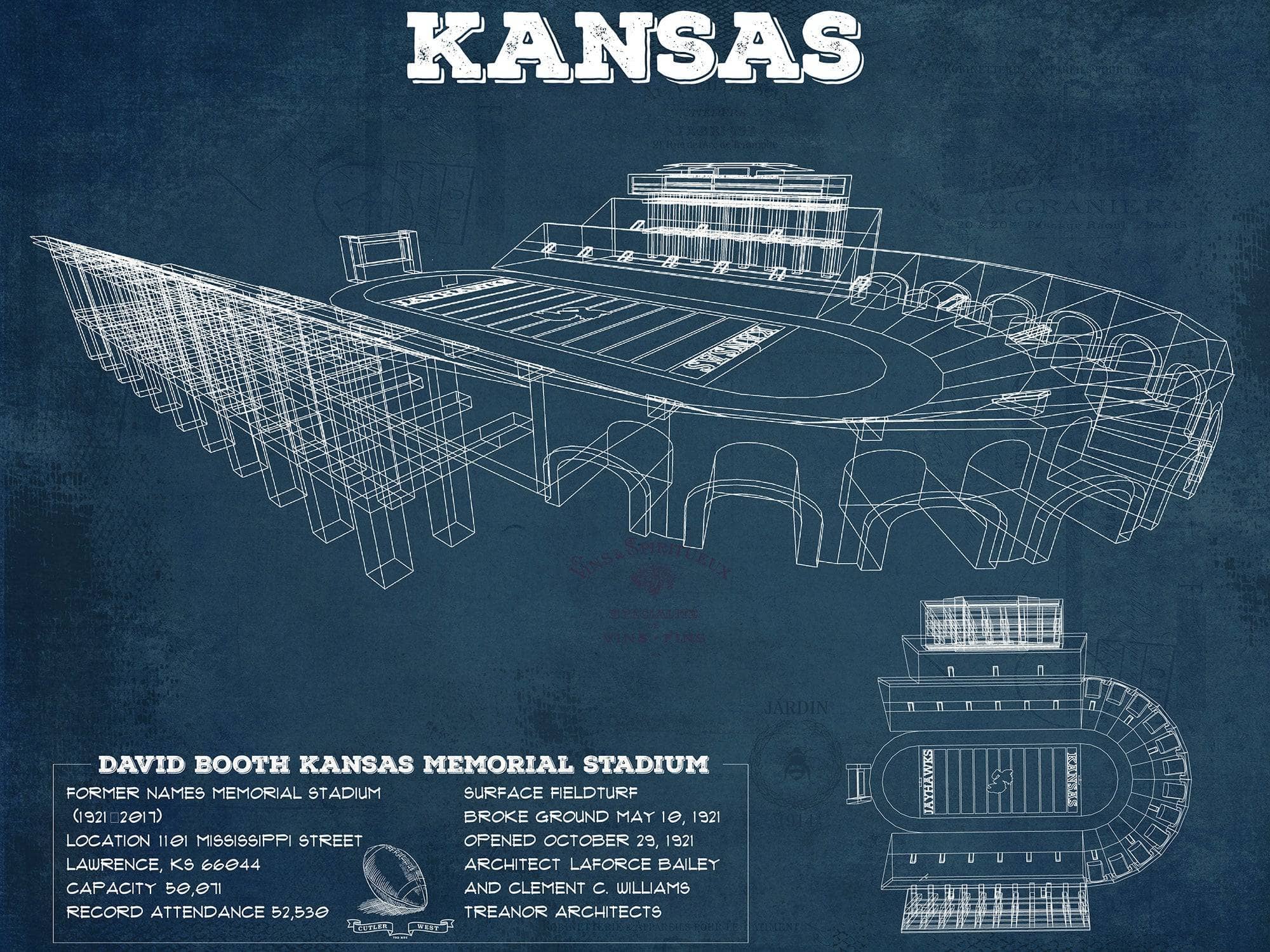 Cutler West College Football Collection 14" x 11" / Unframed Vintage Kansas Jayhawks Art - Kansas Memorial Stadium Blueprint Football Print 738926422-14"-x-11"56261