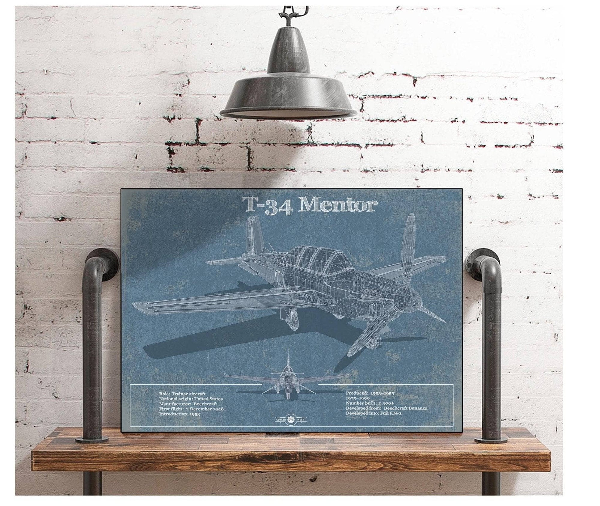 Cutler West Military Aircraft T-34 Mentor Aircraft Blueprint Original Military Wall Art