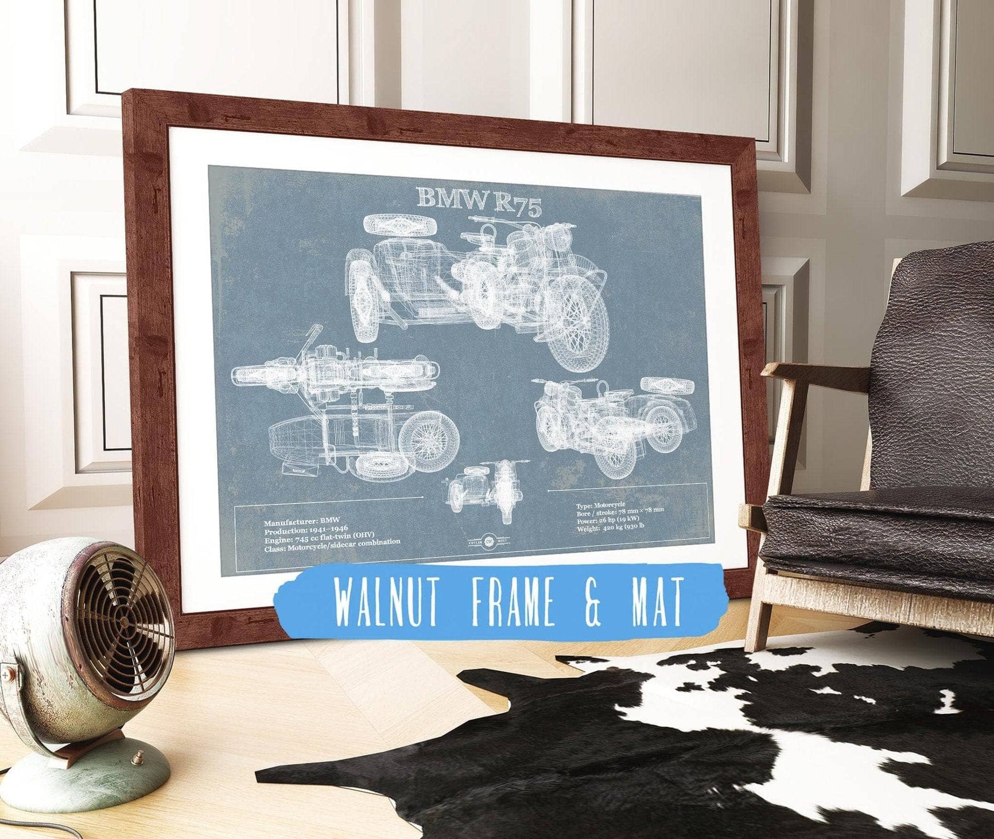 Cutler West Vehicle Collection 14" x 11" / Walnut Frame & Mat BMW R75 Blueprint Motorcycle Patent Print 833110058_47487