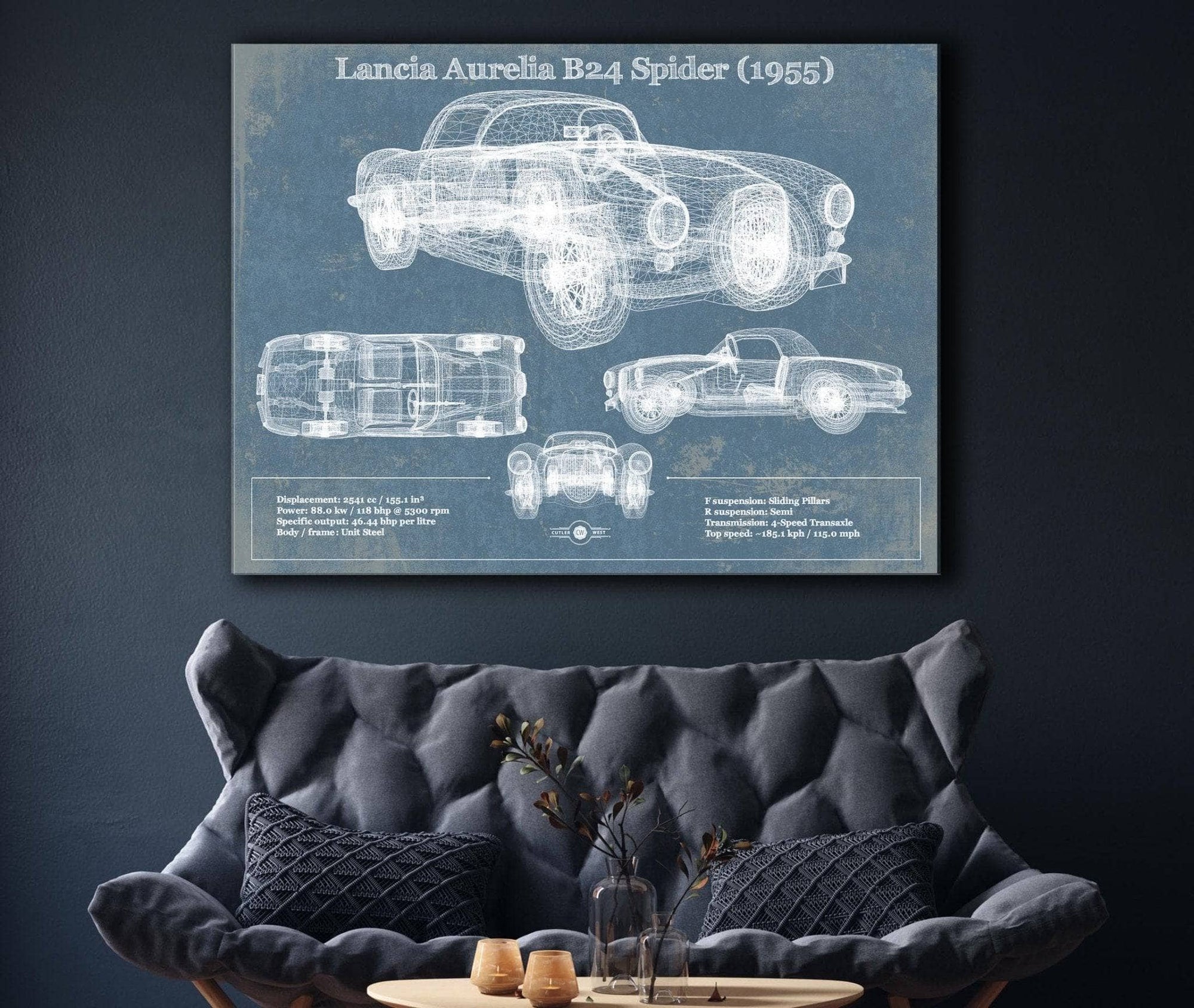 Cutler West Vehicle Collection Lancia Aurelia B24 Spider (1955) Blueprint Vintage Auto Print