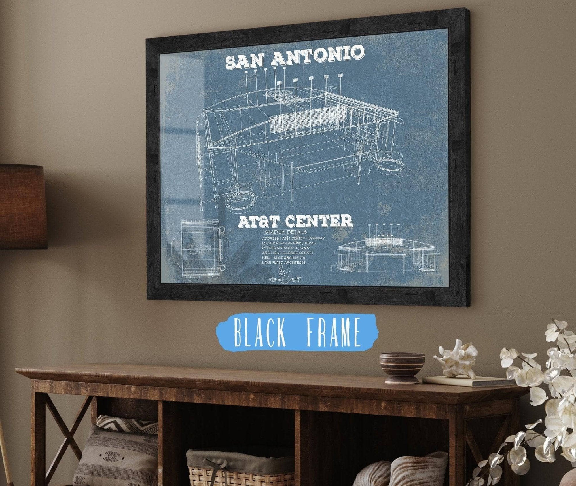 Cutler West Basketball Collection 14" x 11" / Black Frame San Antonio Spurs - AT&T Center Vintage Basketball Blueprint NBA Print 797490783_52038