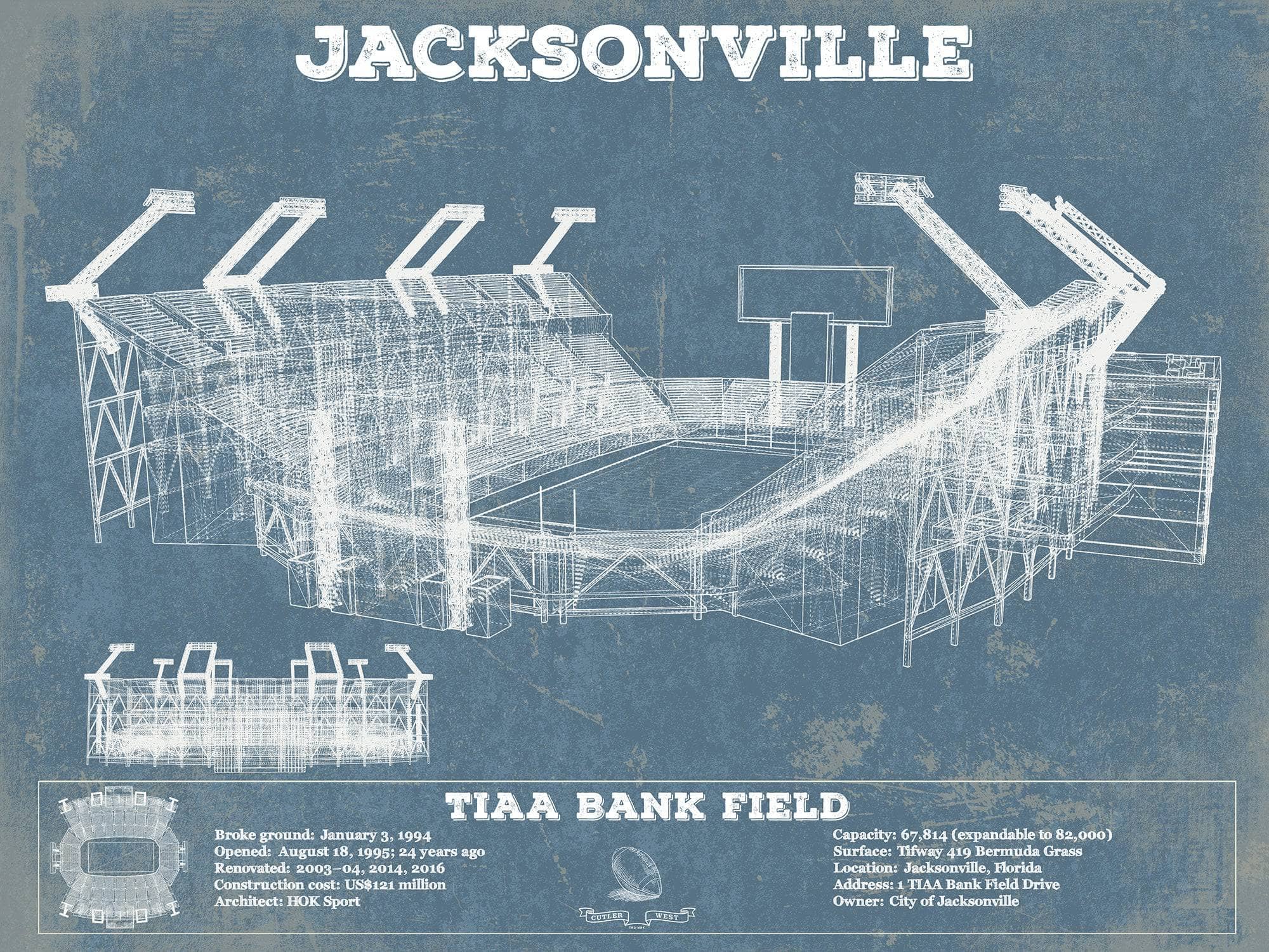 Cutler West Pro Football Collection 14" x 11" / Unframed Jacksonville Jaguars TIAA Bank Field  Vintage Football Print 835000059_25522