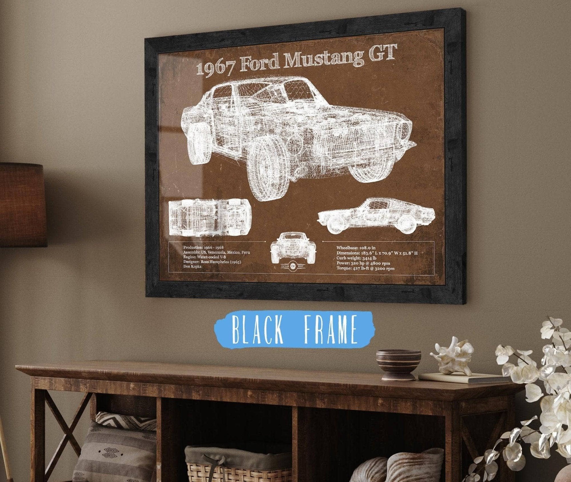 Cutler West Ford Collection 14" x 11" / Black Frame 1967 Ford Mustang GT Blueprint Vintage Auto Print 933350035_34087