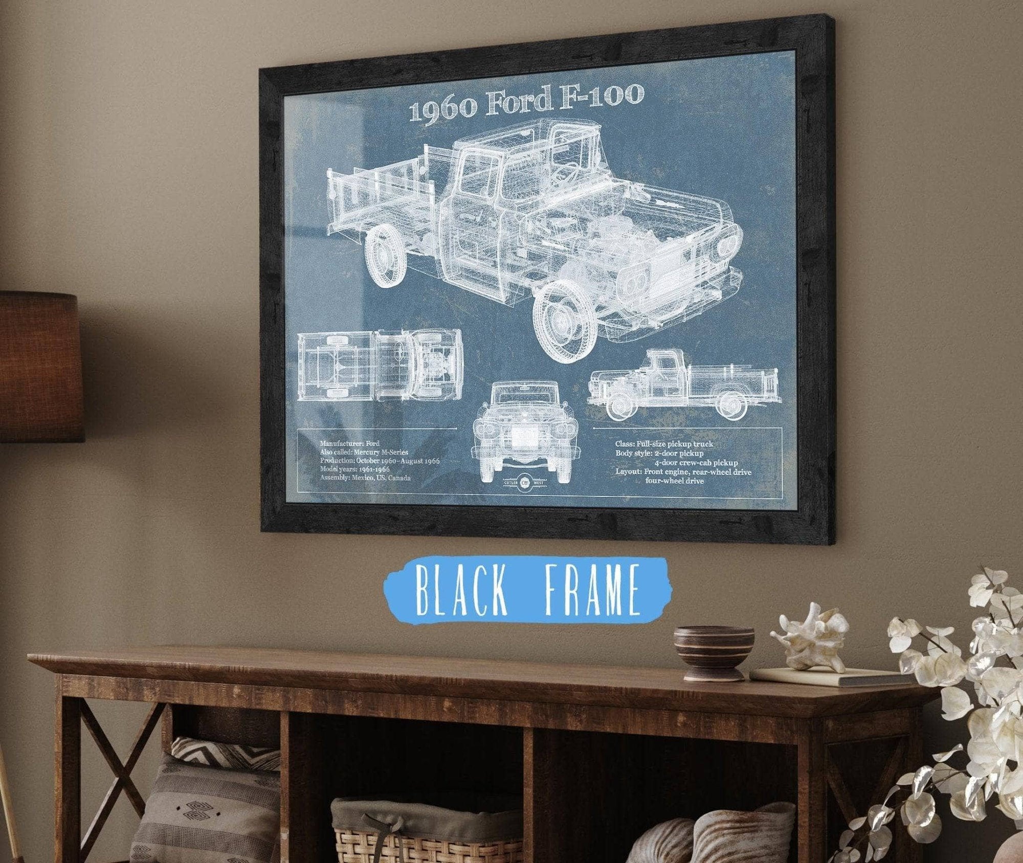 Cutler West Ford Collection 14" x 11" / Black Frame 1960 Ford F-100 Blueprint Vintage Auto Print 933311072_11805