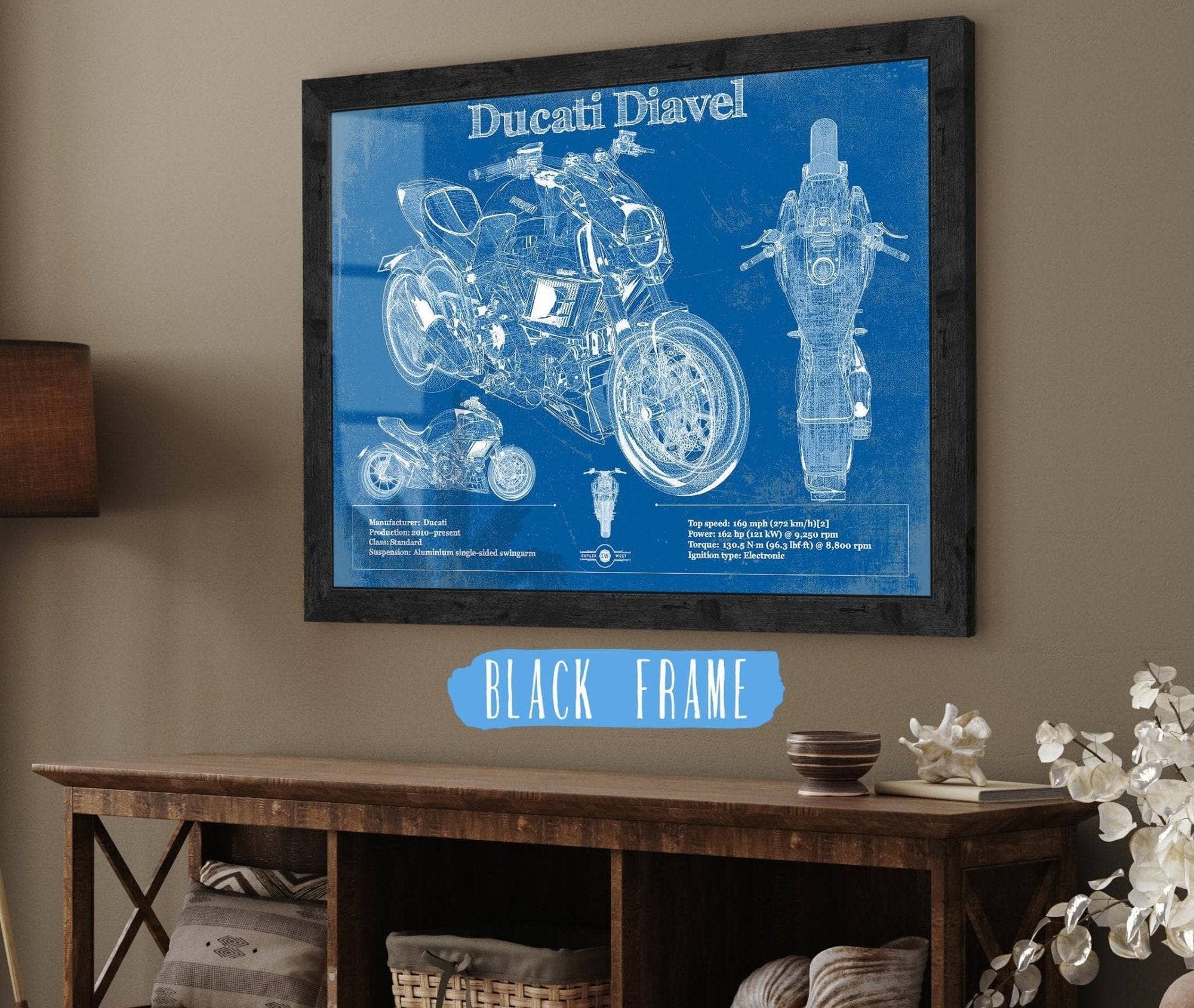 Cutler West 14" x 11" / Black Frame Ducati Diavel Blueprint Motorcycle Patent Print 845000332_61542