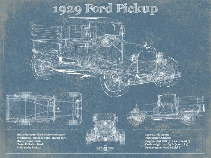 Cutler West Ford Collection 14" x 11" / Unframed 1929 Ford Model A Pickup Vintage Blueprint Auto Print 933311040_32964