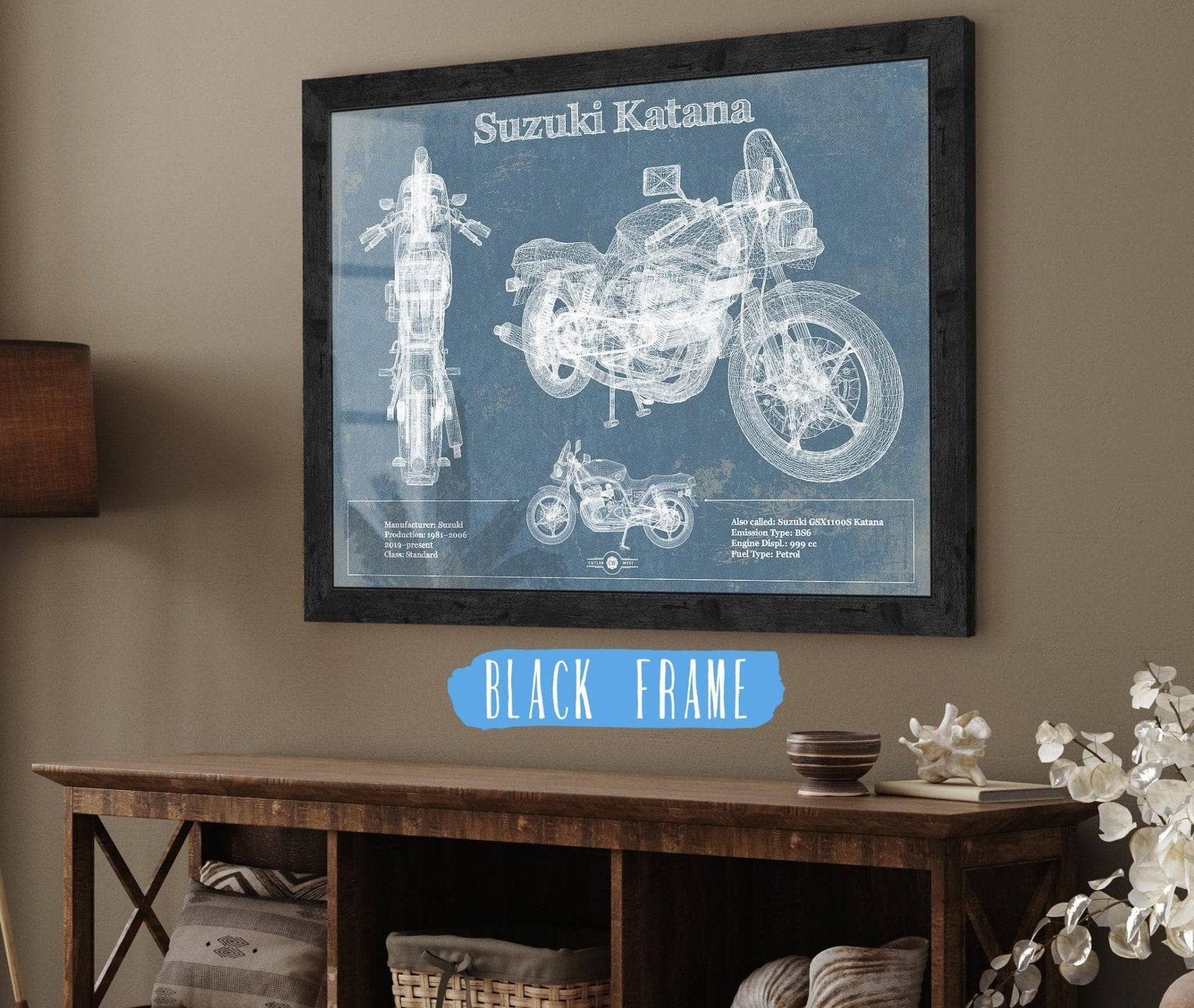 Cutler West 14" x 11" / Black Frame Suzuki Katana Blueprint Motorcycle Patent Print 891062349_10489