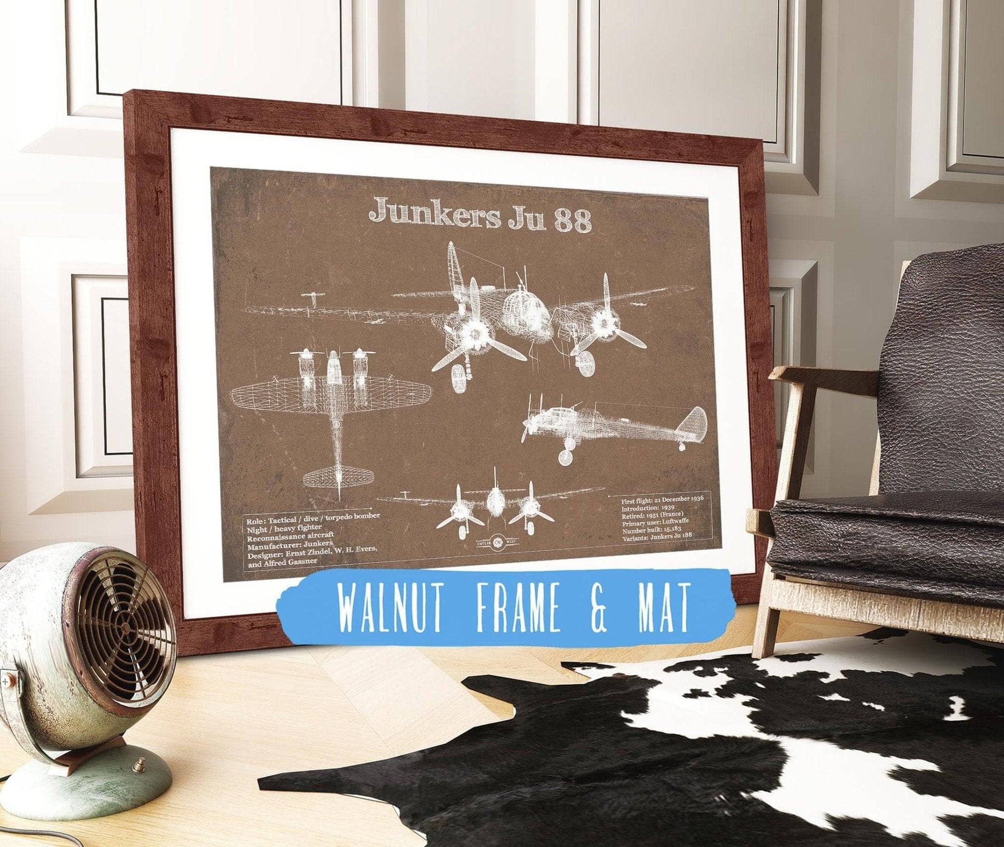 Cutler West Military Aircraft 14" x 11" / Walnut Frame & Mat Junkers Ju 88 WWII Combat Aircraft Vintage Blueprint Original Military Wall Art 933350048_16296