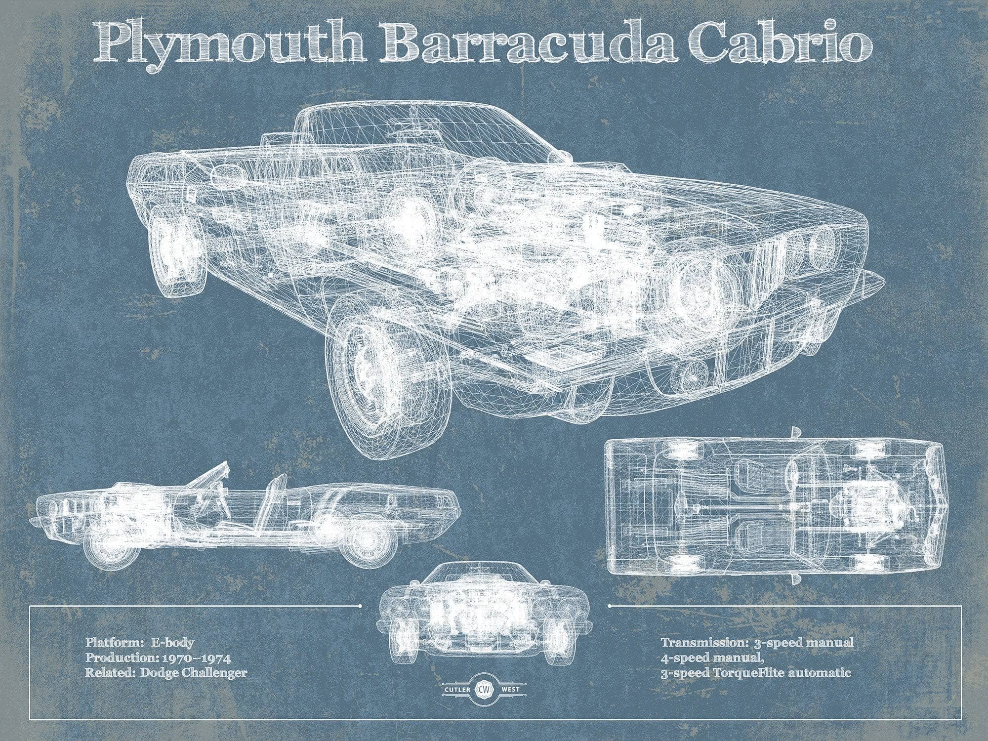 Cutler West Plymouth Barracuda Cabrio Blueprint Vintage Auto Print