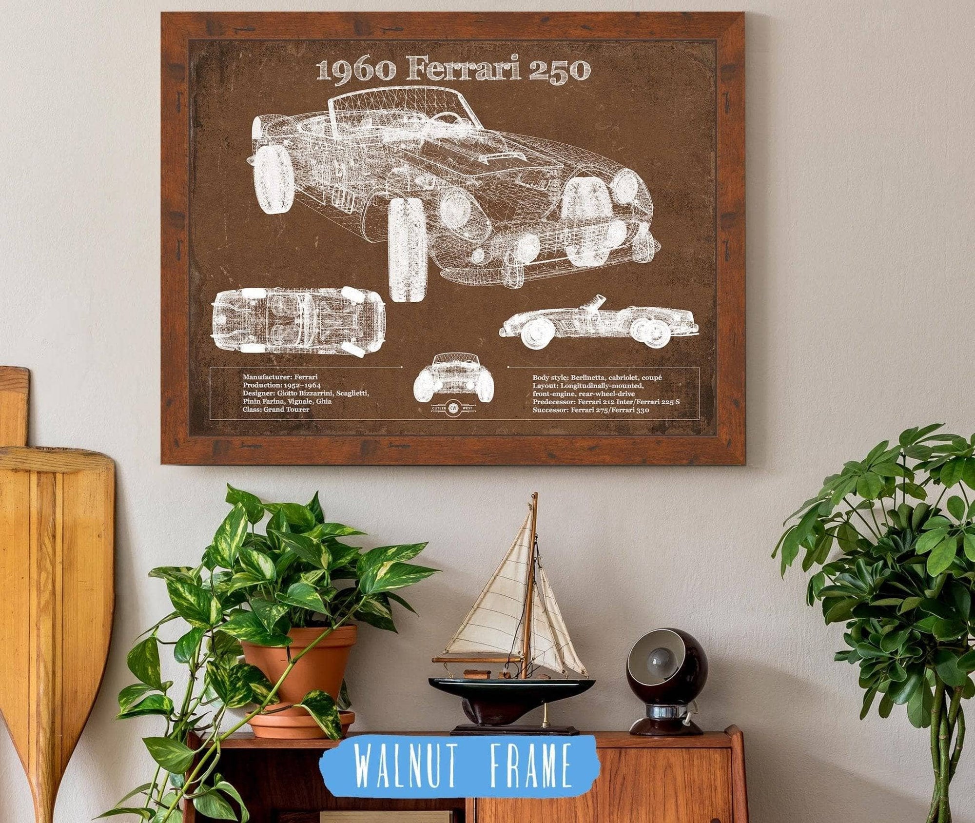 Cutler West Ferrari Collection 14" x 11" / Walnut Frame 1960 Ferrari 250 Vintage Blueprint Auto Print 933350034_10096