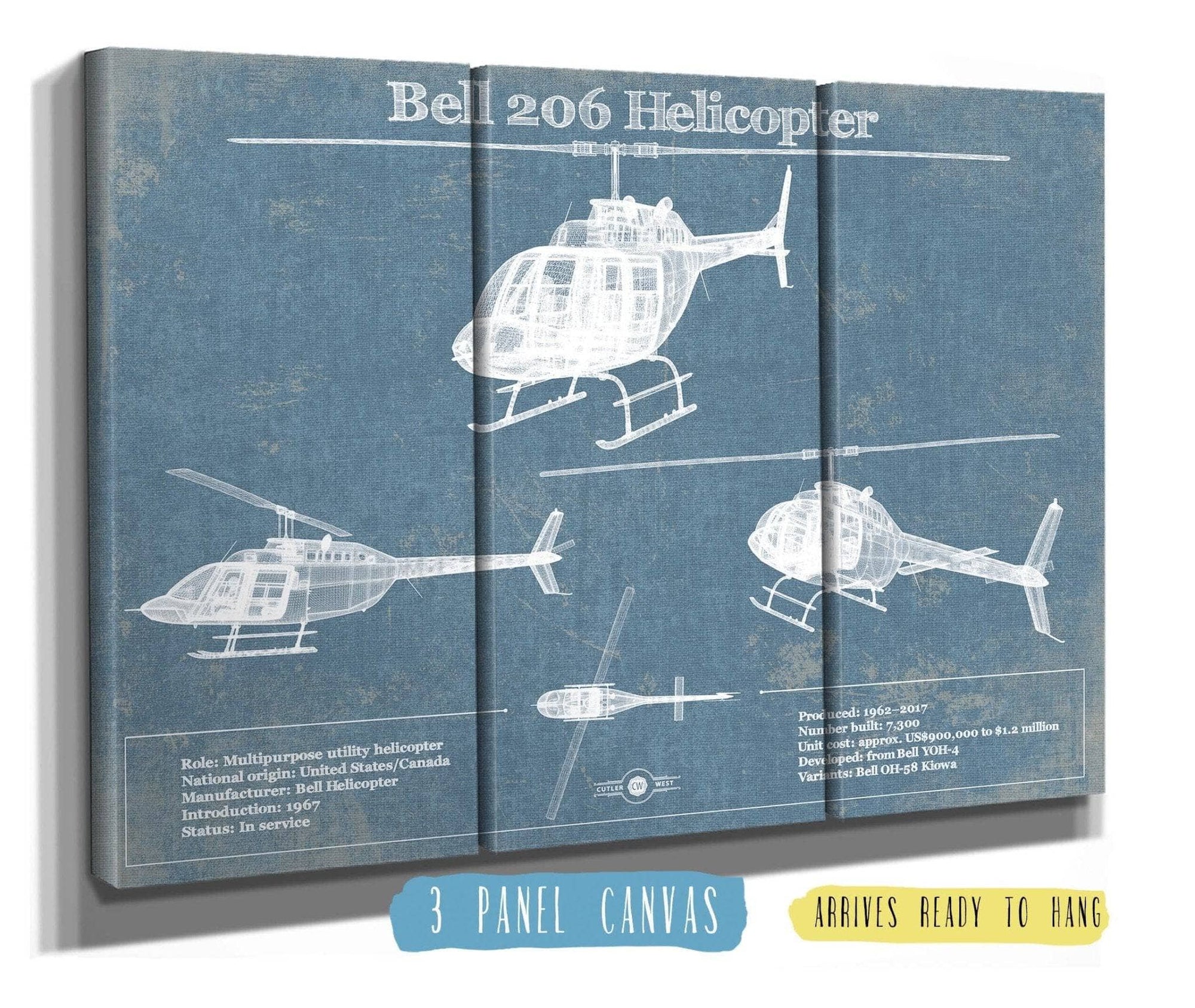 Cutler West Military Aircraft 48" x 32" / 3 Panel Canvas Wrap Bell 206 JetRanger/LongRanger Vintage Blueprint Helicopter Print 895482865_50371