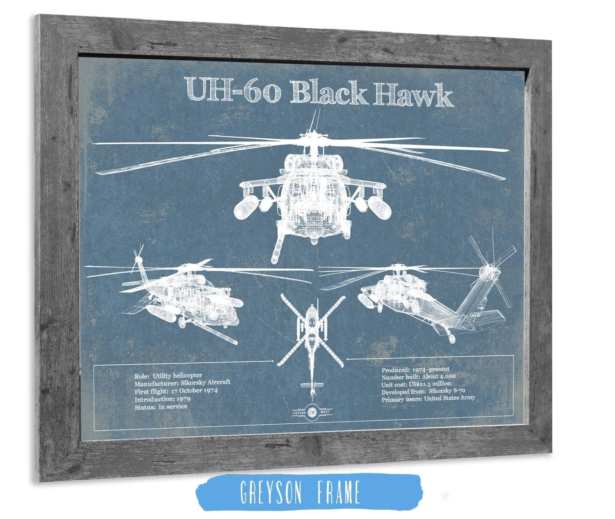 Cutler West Military Aircraft 14" x 11" / Greyson Frame UH-60 Blackhawk Helicopter Vintage Aviation Blueprint Military Print 783513666-TOP