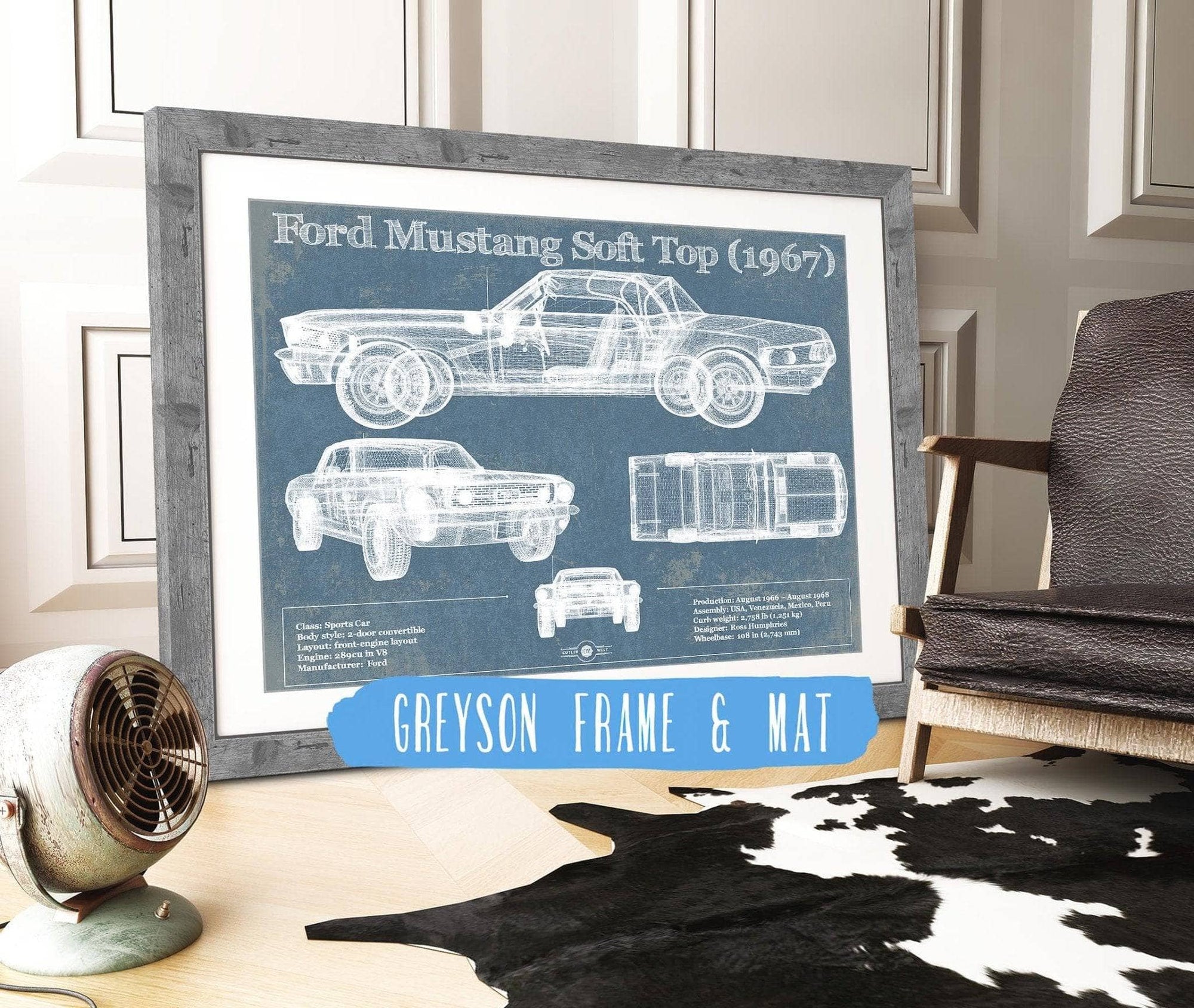 Cutler West Ford Collection 14" x 11" / Greyson Frame & Mat Ford Mustang Soft Top/Convertible 1967 Original Blueprint Art 887028999_20316