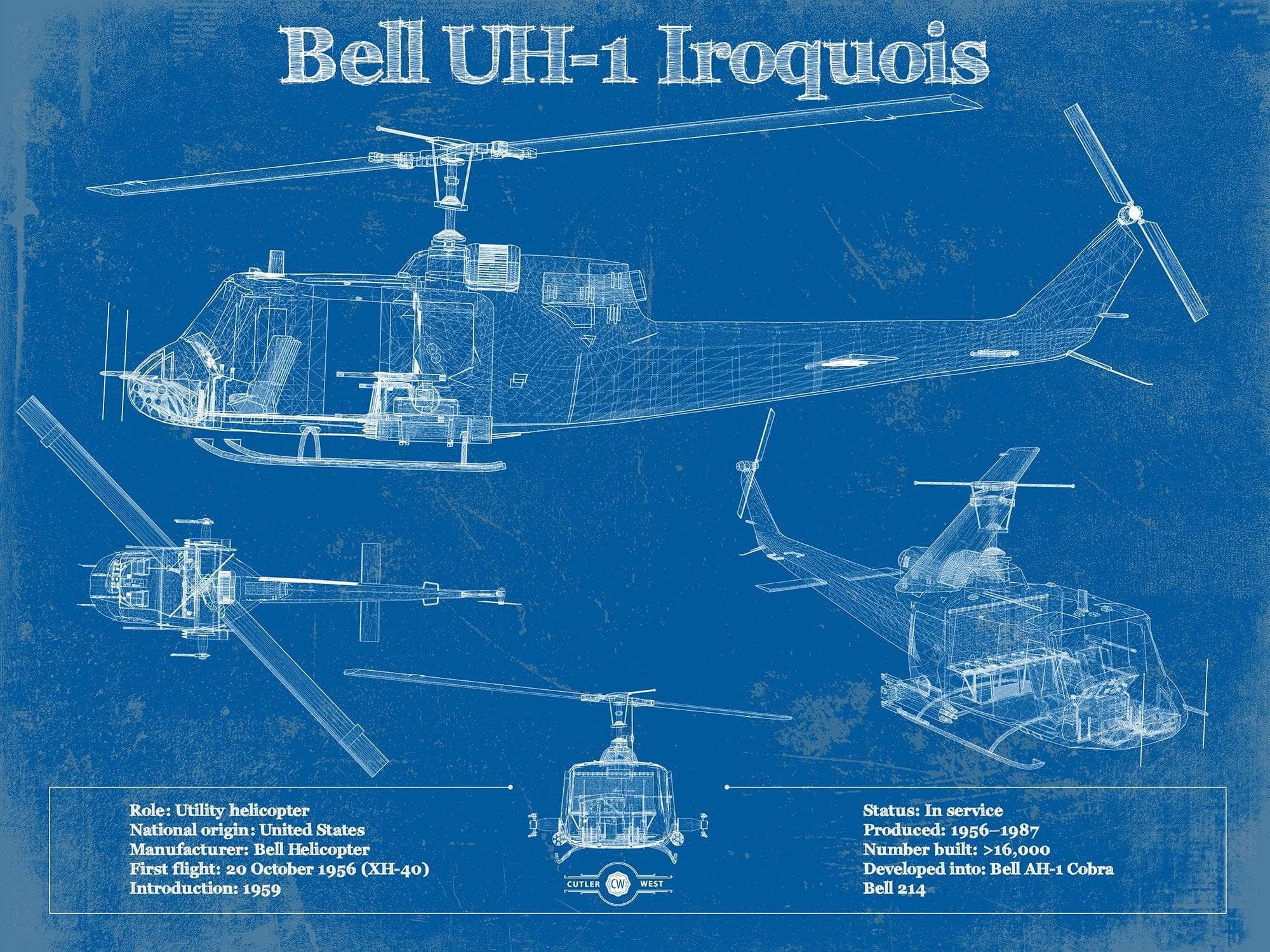 Cutler West Military Aircraft 14" x 11" / Unframed Bell UH-1 Iroquois (Huey) Vintage Blueprint Helicopter Print 833110167_35339