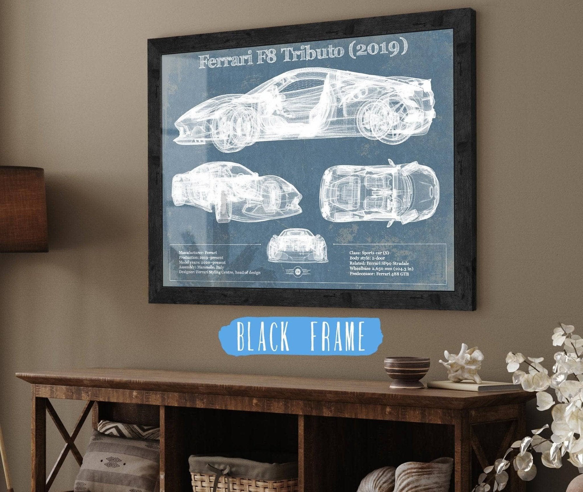Cutler West Ferrari Collection 14" x 11" / Black Frame Ferrari F8 Tributo (2019) Blueprint Vintage Auto Print 833110065_56790