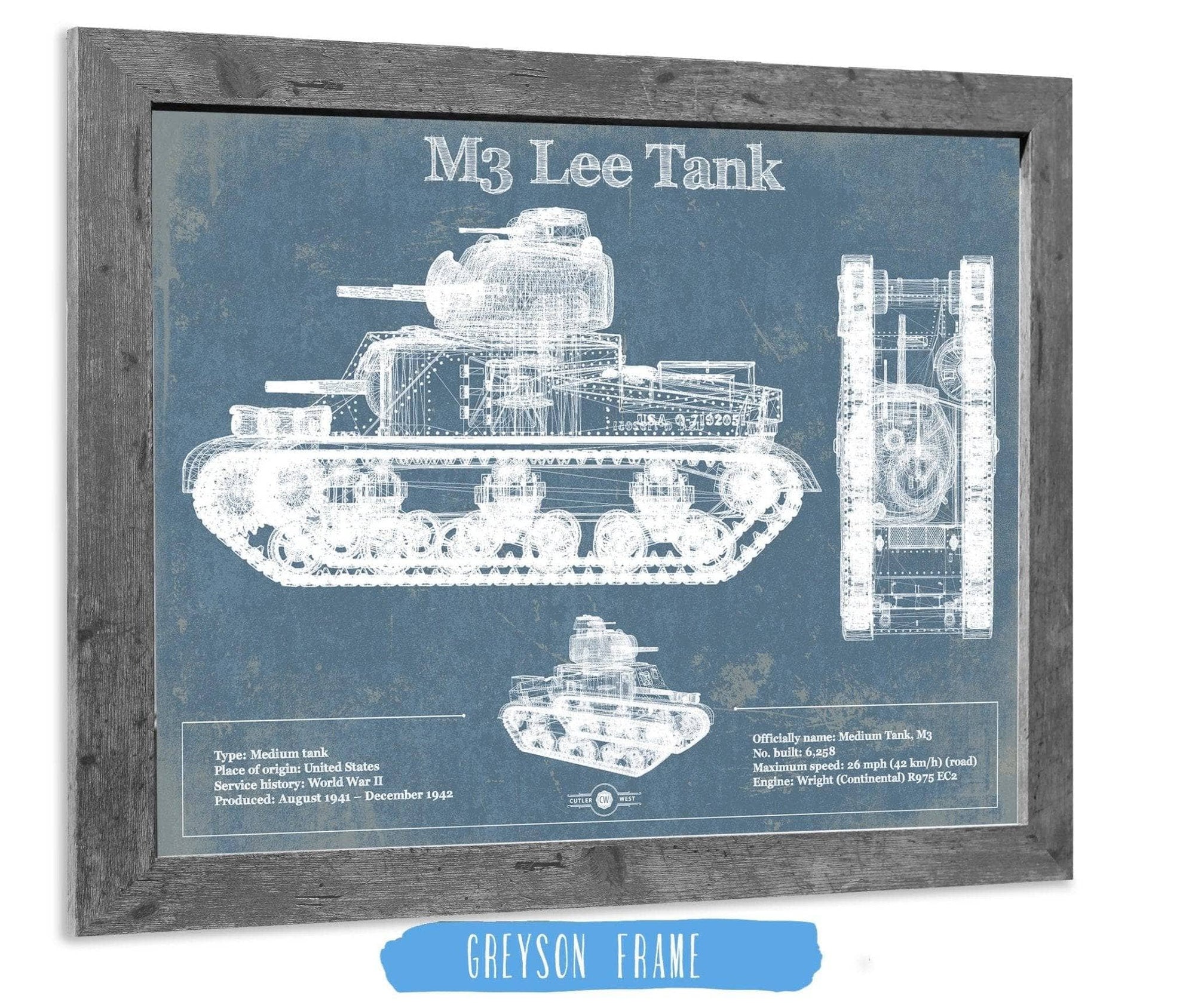 Cutler West Military Weapons Collection 14" x 11" / Greyson Frame Medium Tank, M3 Lee Vintage Blueprint Print 933311173_12207