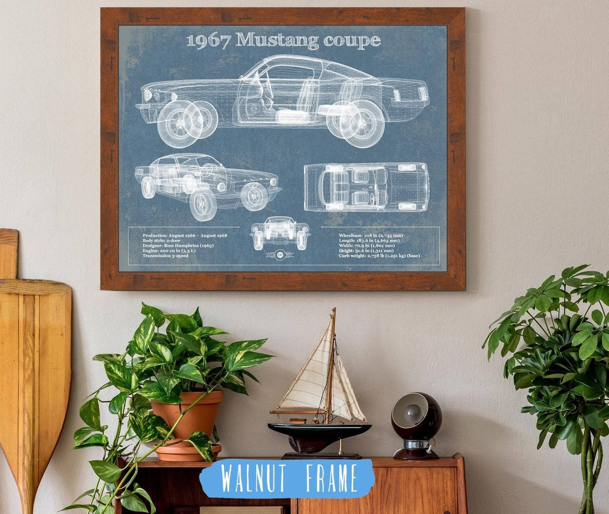 Cutler West 1967 Mustang coupe Blueprint Vintage Auto Print