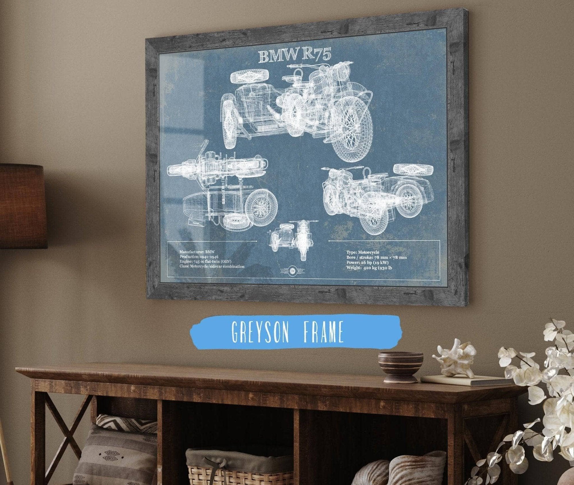 Cutler West Vehicle Collection 14" x 11" / Greyson Frame BMW R75 Blueprint Motorcycle Patent Print 833110058_47490