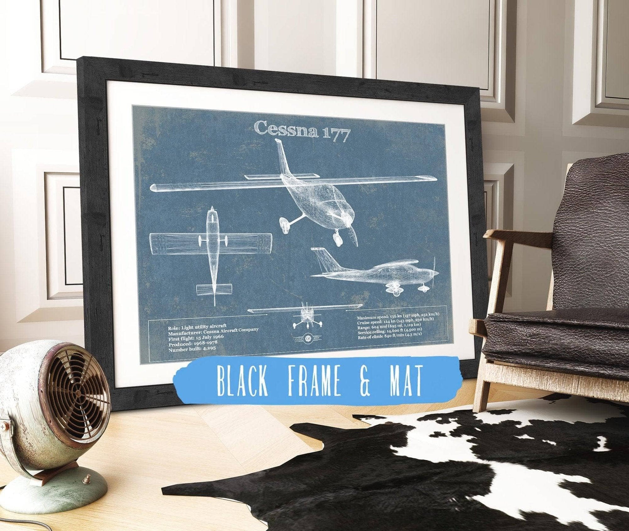 Cutler West Cessna Collection 14" x 11" / Black Frame & Mat Cessna 177 (Cardinal) Vintage Blueprint Airplane Print 833110160-TOP