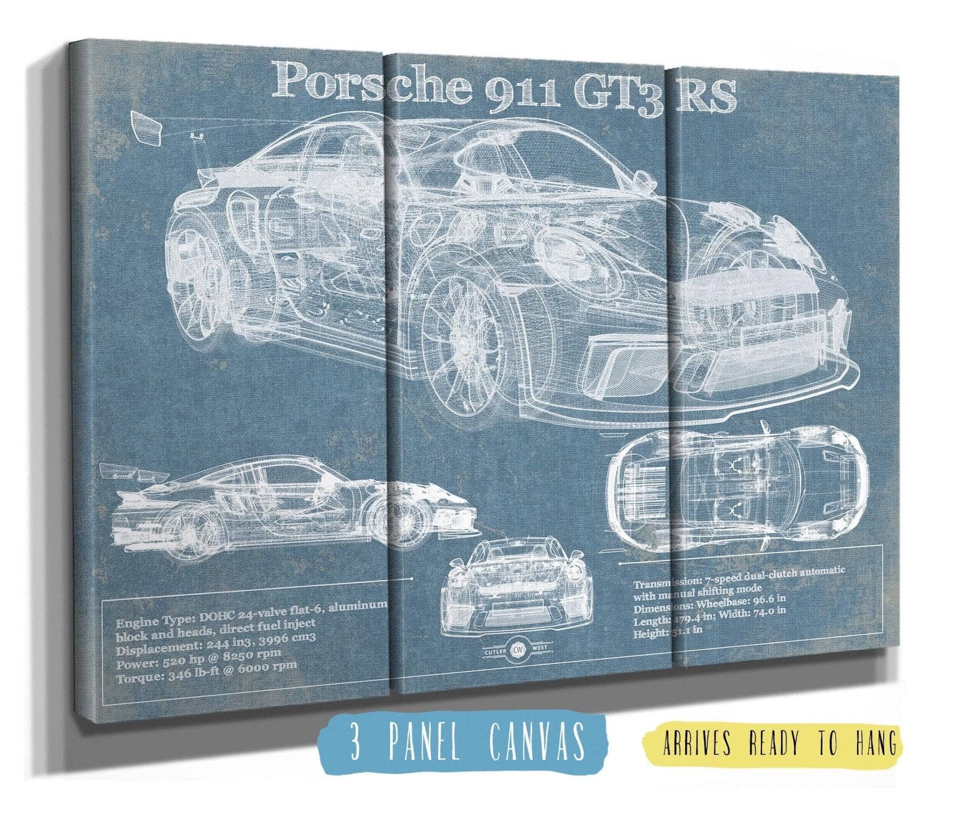 Cutler West Porsche Collection 48" x 32" / 3 Panel Canvas Wrap Porsche 911 GT3 RS Vintage Blueprint Auto Print 235353152