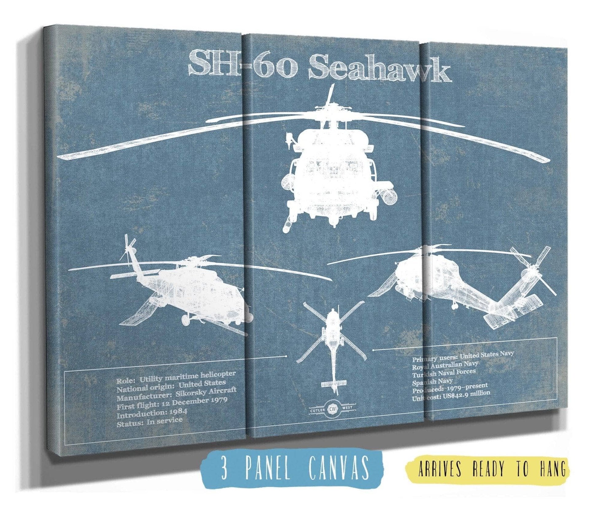 Cutler West Military Aircraft 48" x 32" / 3 Panel Canvas Wrap SH-60/MH-60 Seahawk Helicopter Vintage Aviation Blueprint Military Print 833447904_25110