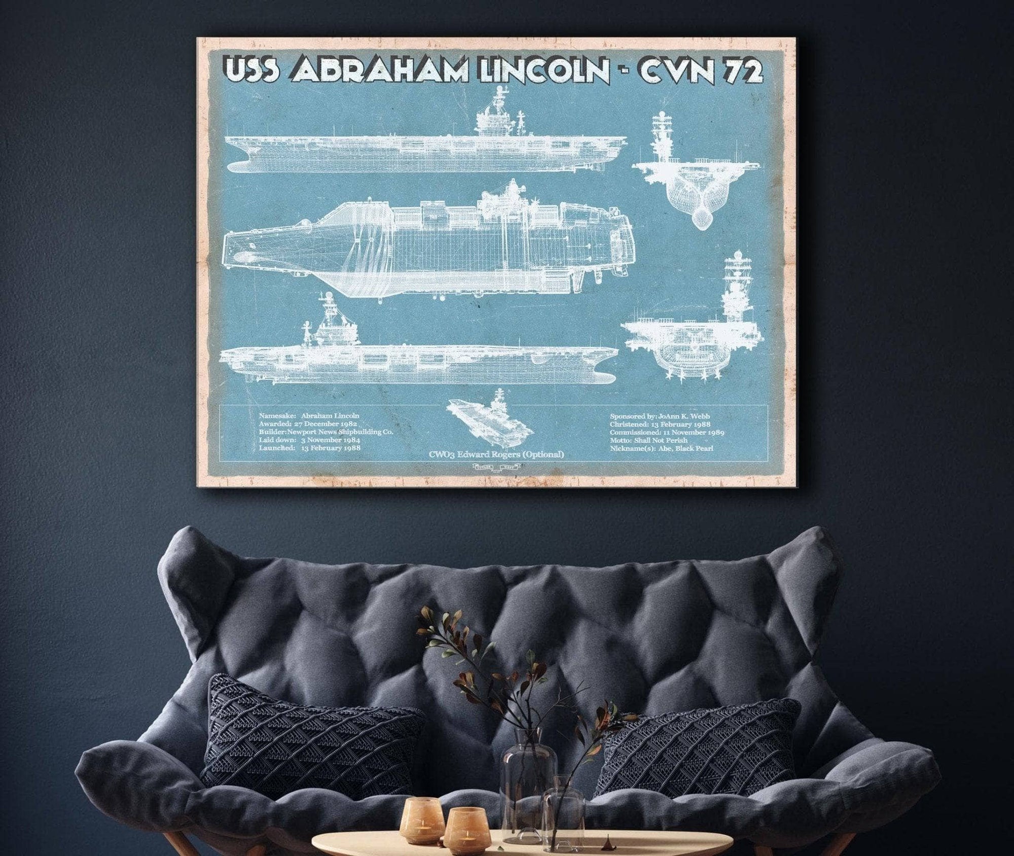 Cutler West Naval Military USS Abraham Lincoln (CVN 72) Aircraft Carrier Blueprint Original Military Wall Art - Customizable