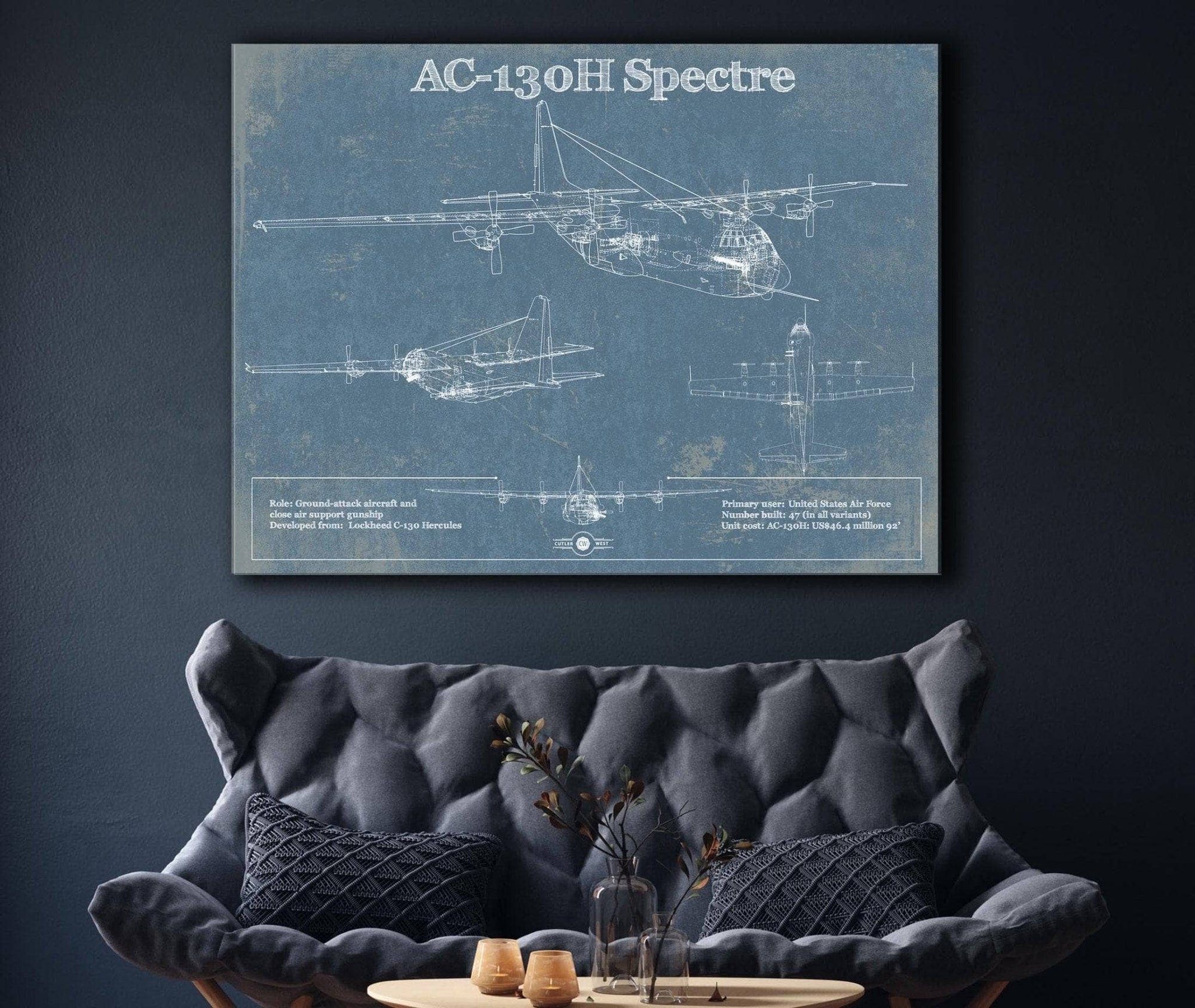 Cutler West Military Aircraft Lockheed AC-130H Spectre Vintage Aviation Blueprint Military Print