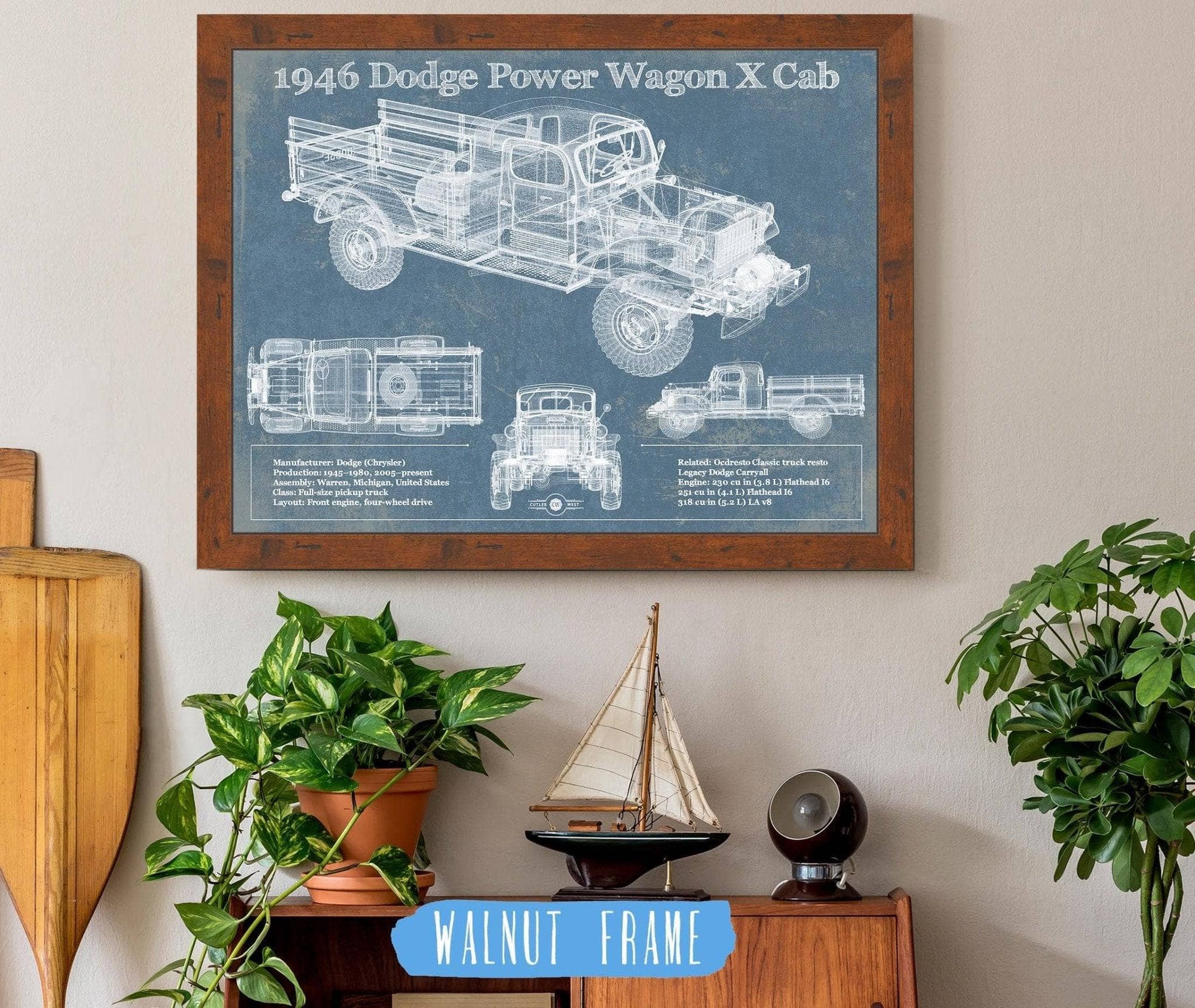 Cutler West Dodge Collection 14" x 11" / Walnut Frame 1946 Dodge Power Wagon X Cab Vintage Blueprint Auto Print 933311016_33231