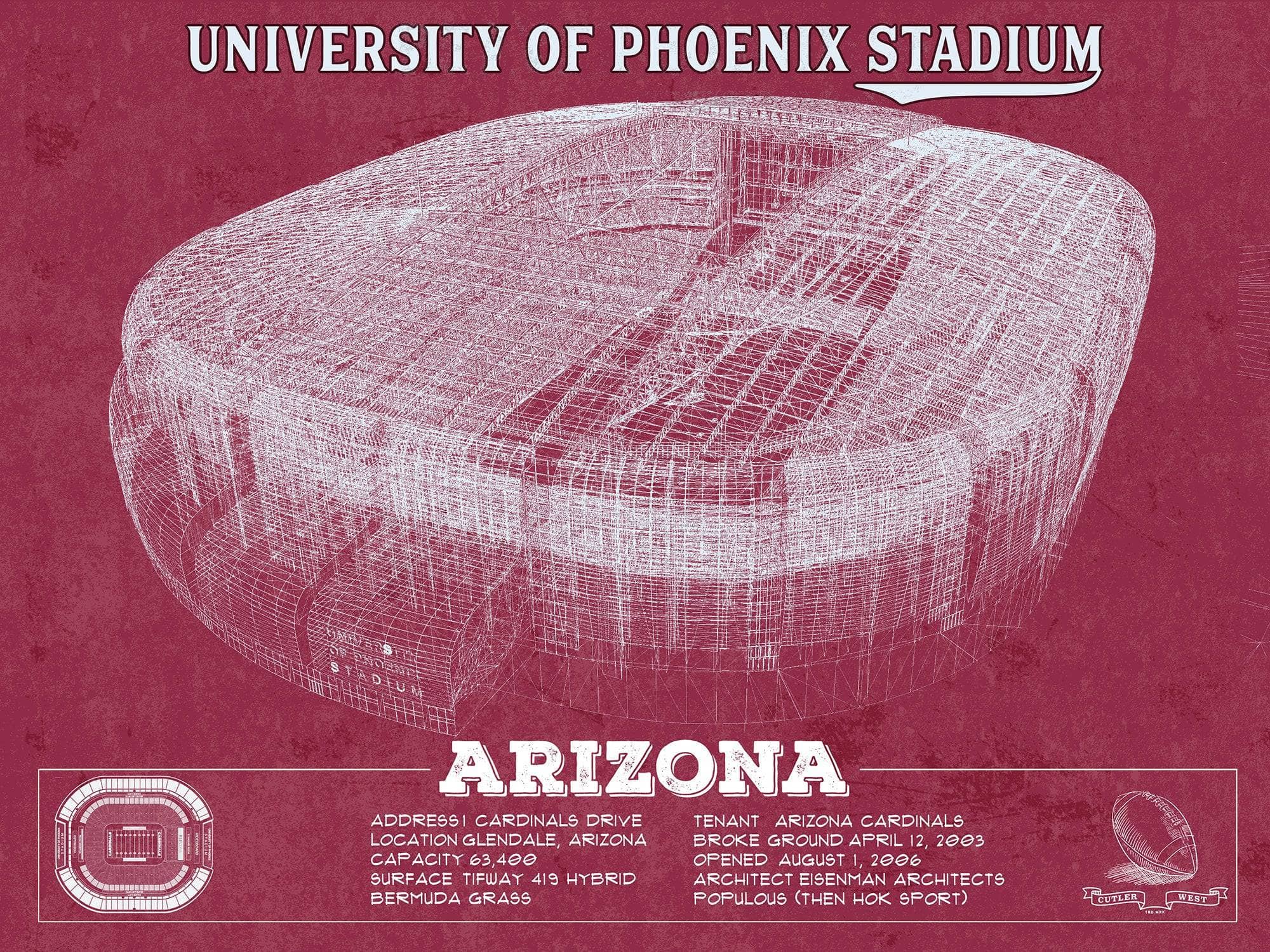 Cutler West Pro Football Collection 14" x 11" / Unframed Arizona Cardinals - University of Phoenix Stadium Vintage Football Team Color Print 701397572_69193