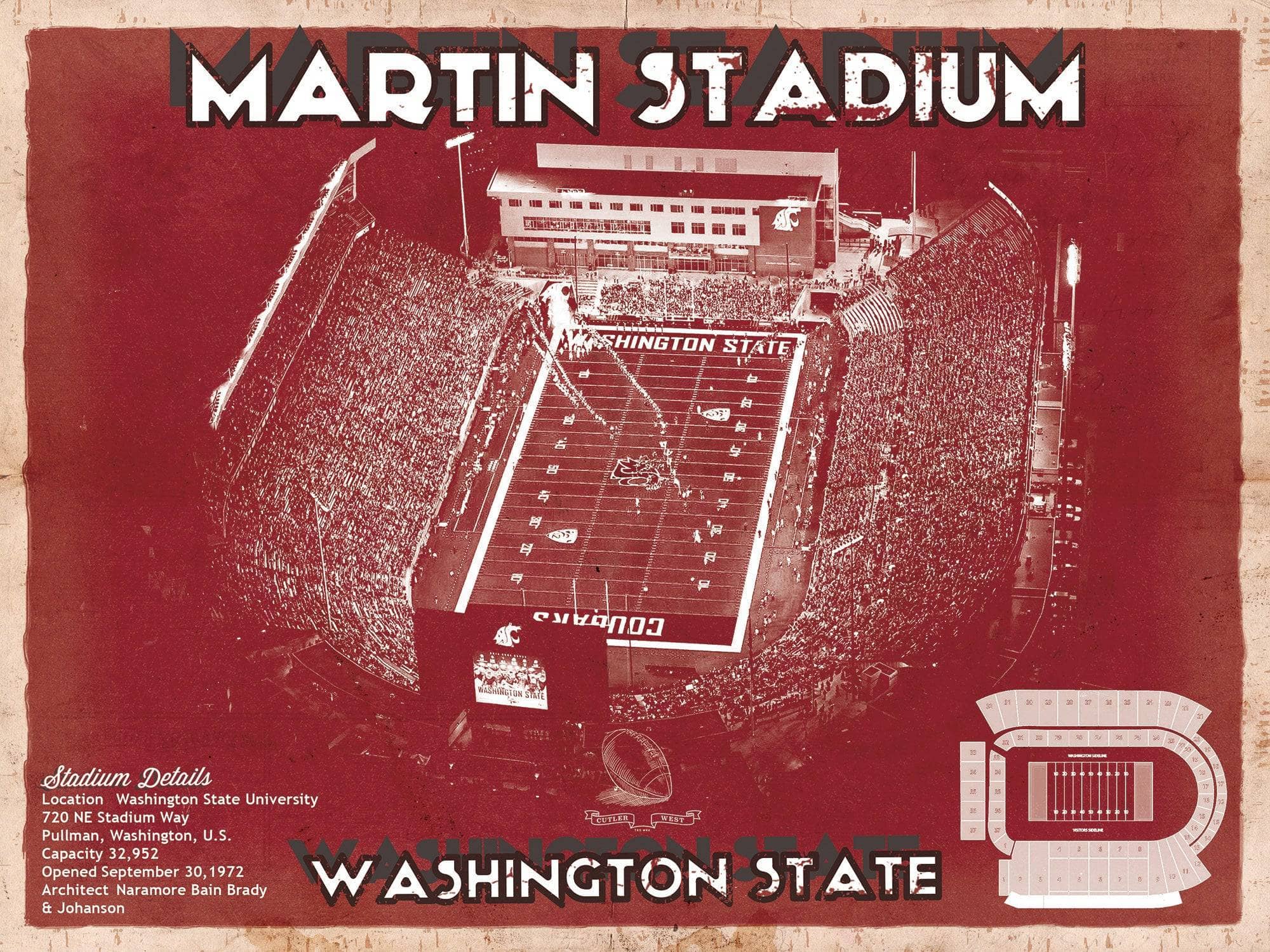 Cutler West 14" x 11" / Unframed Washington State Cougars Martin Stadium Team Color Vintage Art Print 743545490-14"-x-11"4027
