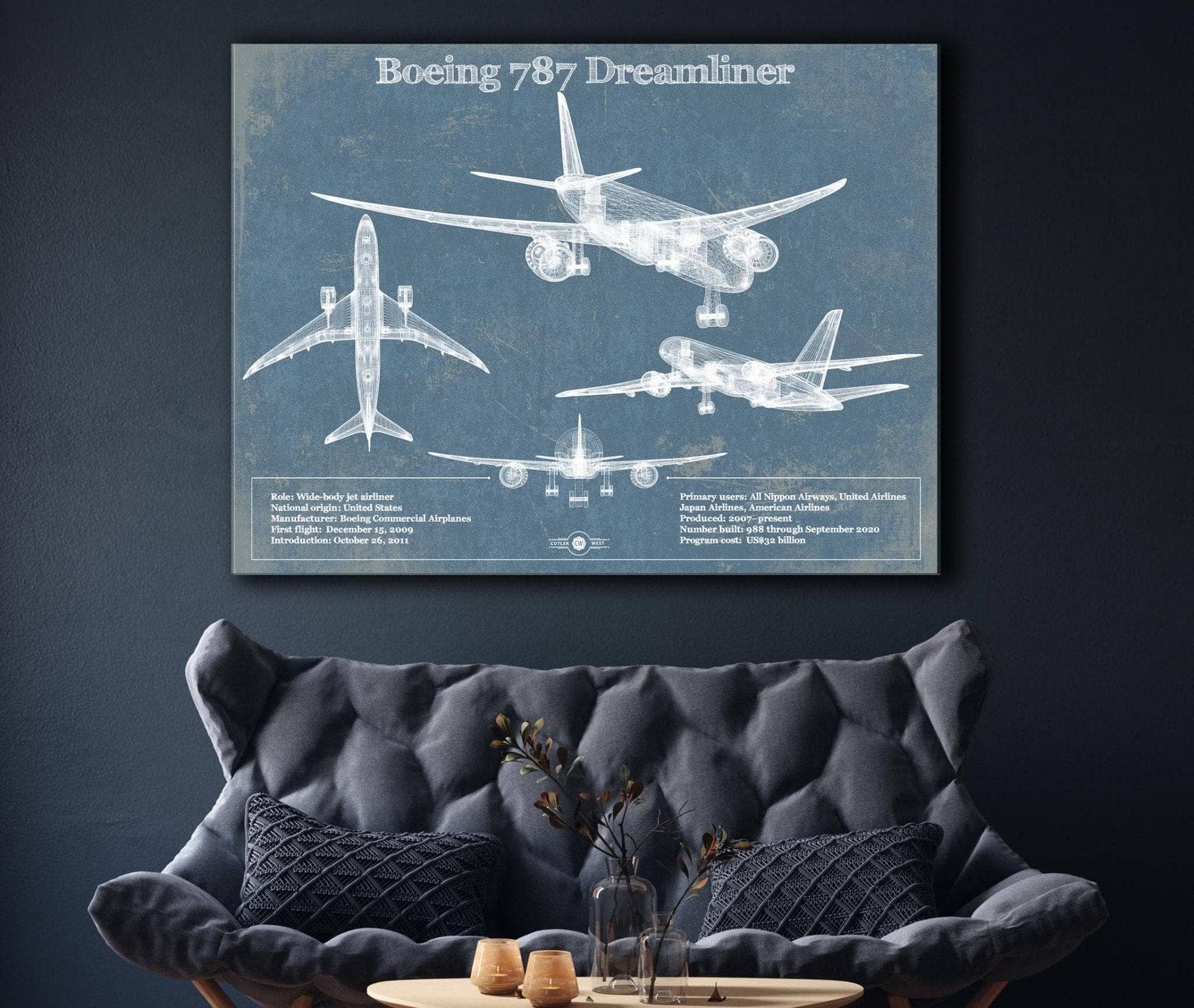 Cutler West Military Aircraft Boeing 787 Dreamliner Vintage Aviation Blueprint Print - Custom Pilot Name Can Be Added
