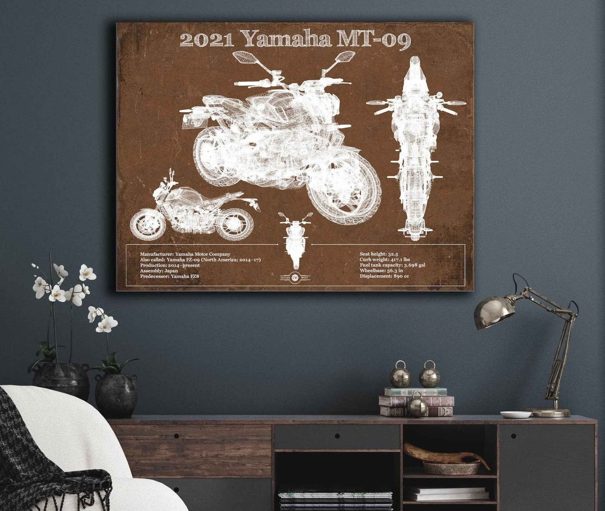 Cutler West 2021 Yamaha Mt 09 Vintage Blueprint Auto Print