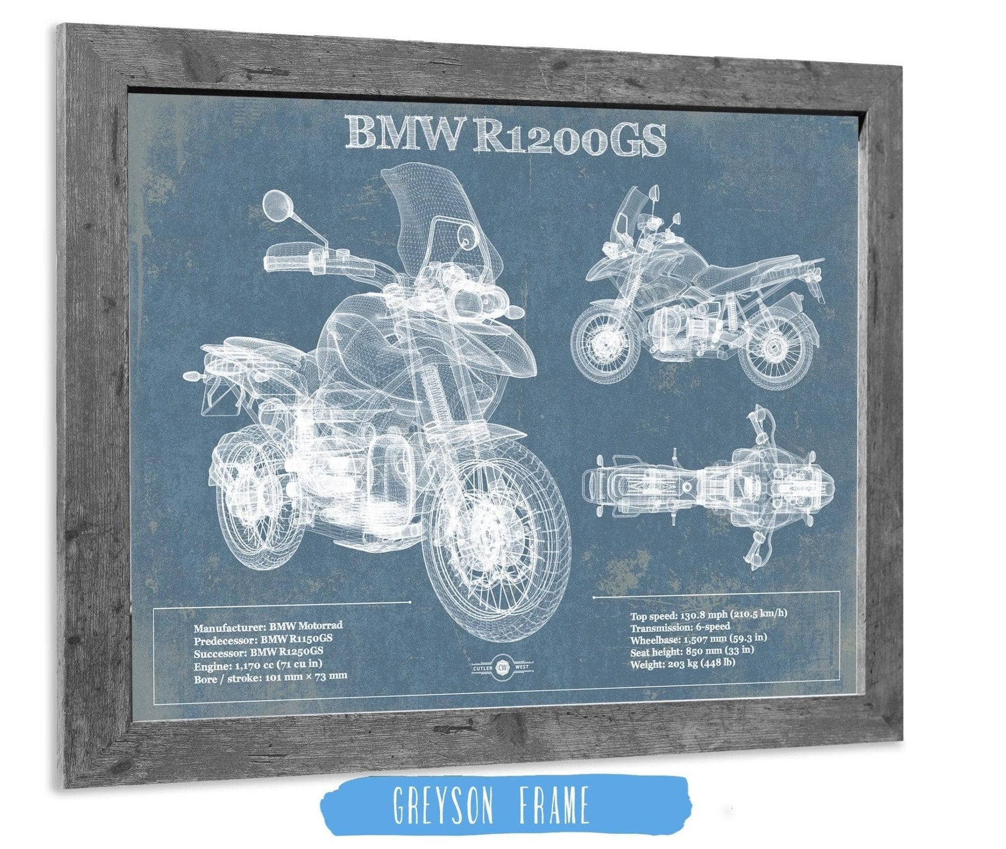 Cutler West Vehicle Collection 14" x 11" / Greyson Frame BMW R1200GS Blueprint Motorcycle Patent Print 833110086_47424