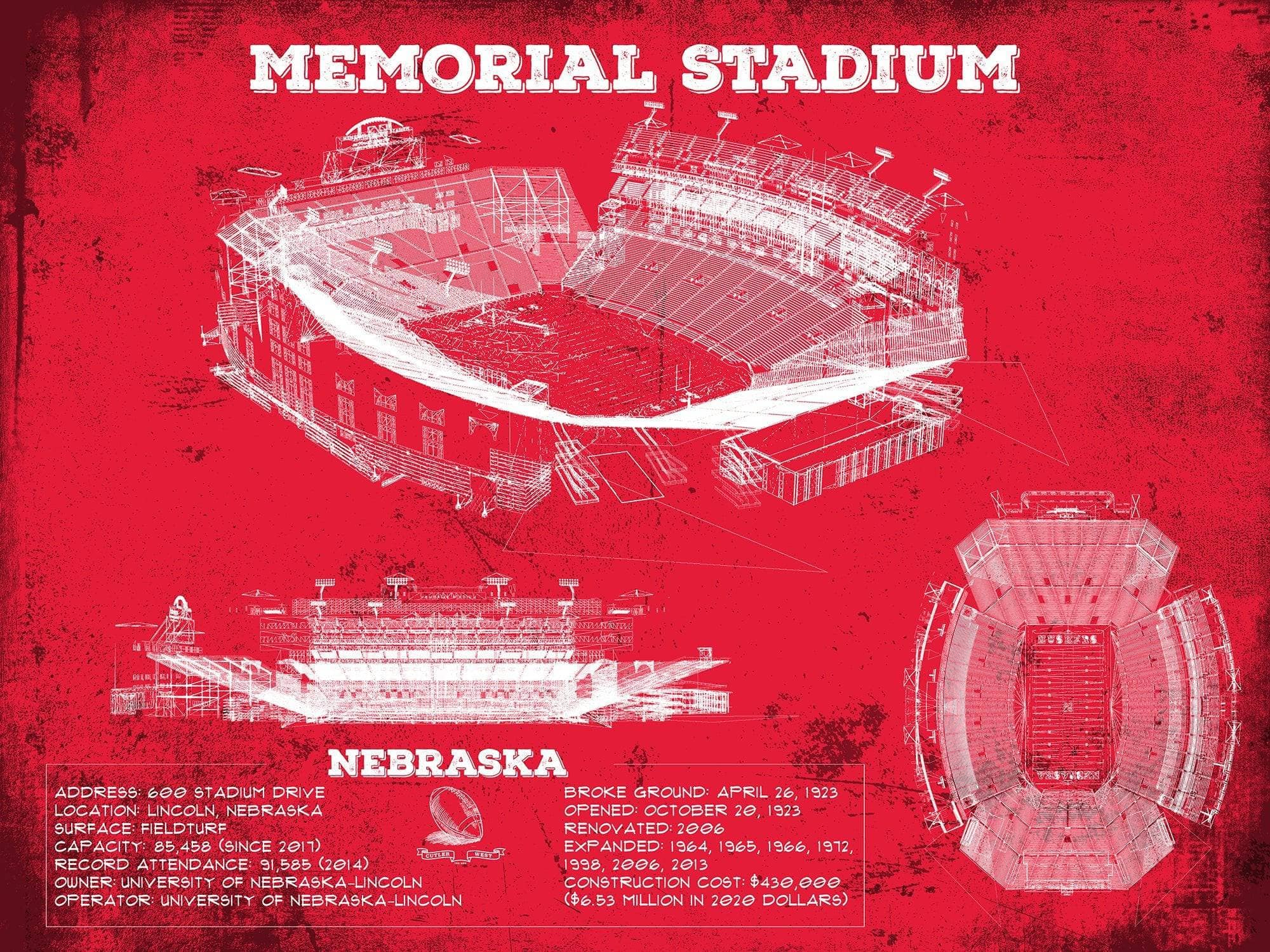 Cutler West College Football Collection Memorial Stadium (Lincoln) Nebraska Cornhuskers Team