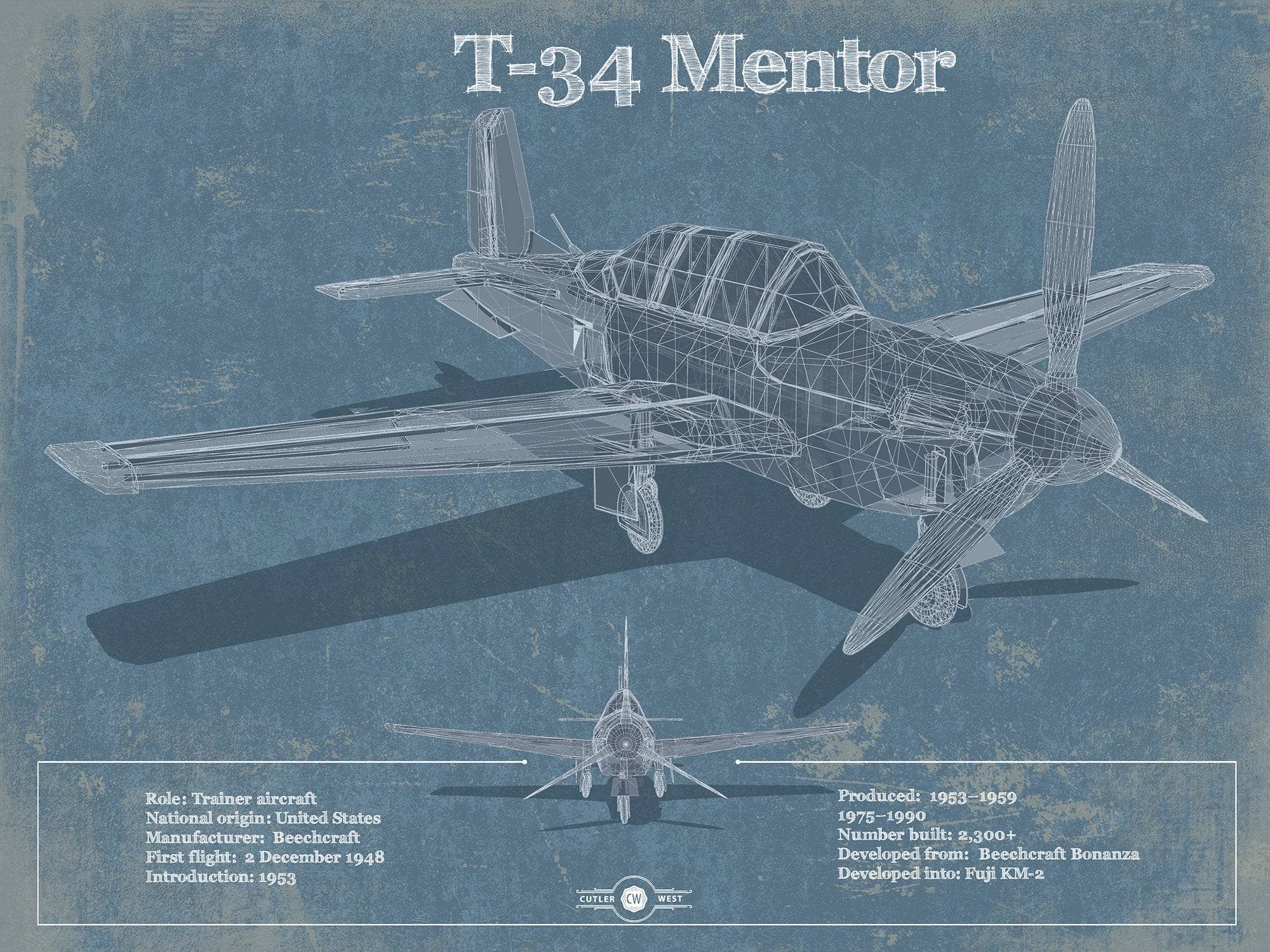 Cutler West Military Aircraft 14" x 11" / Unframed T-34 Mentor Aircraft Blueprint Original Military Wall Art 803177329_27304